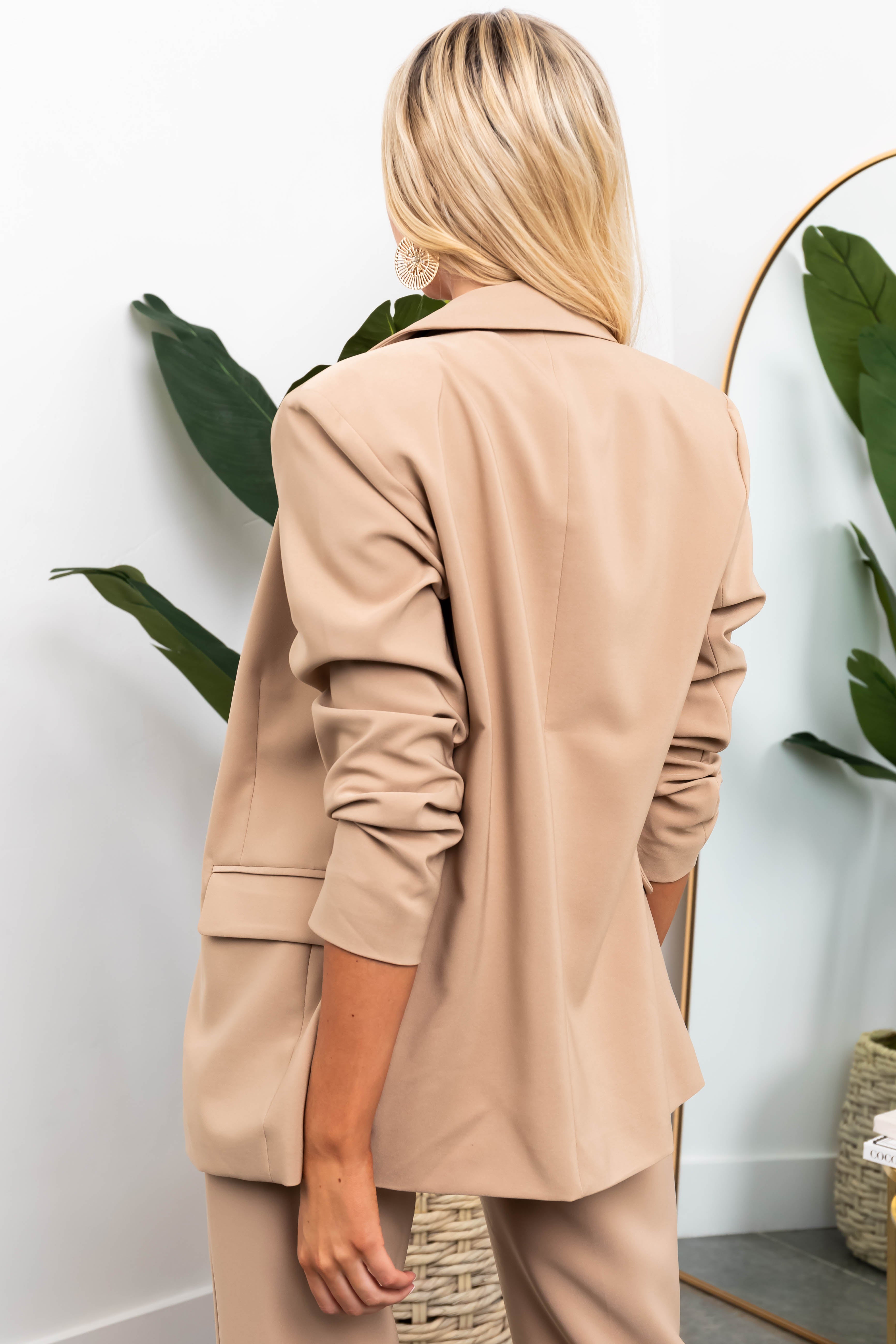 Latte Solid Double Button Long Blazer-Newayad