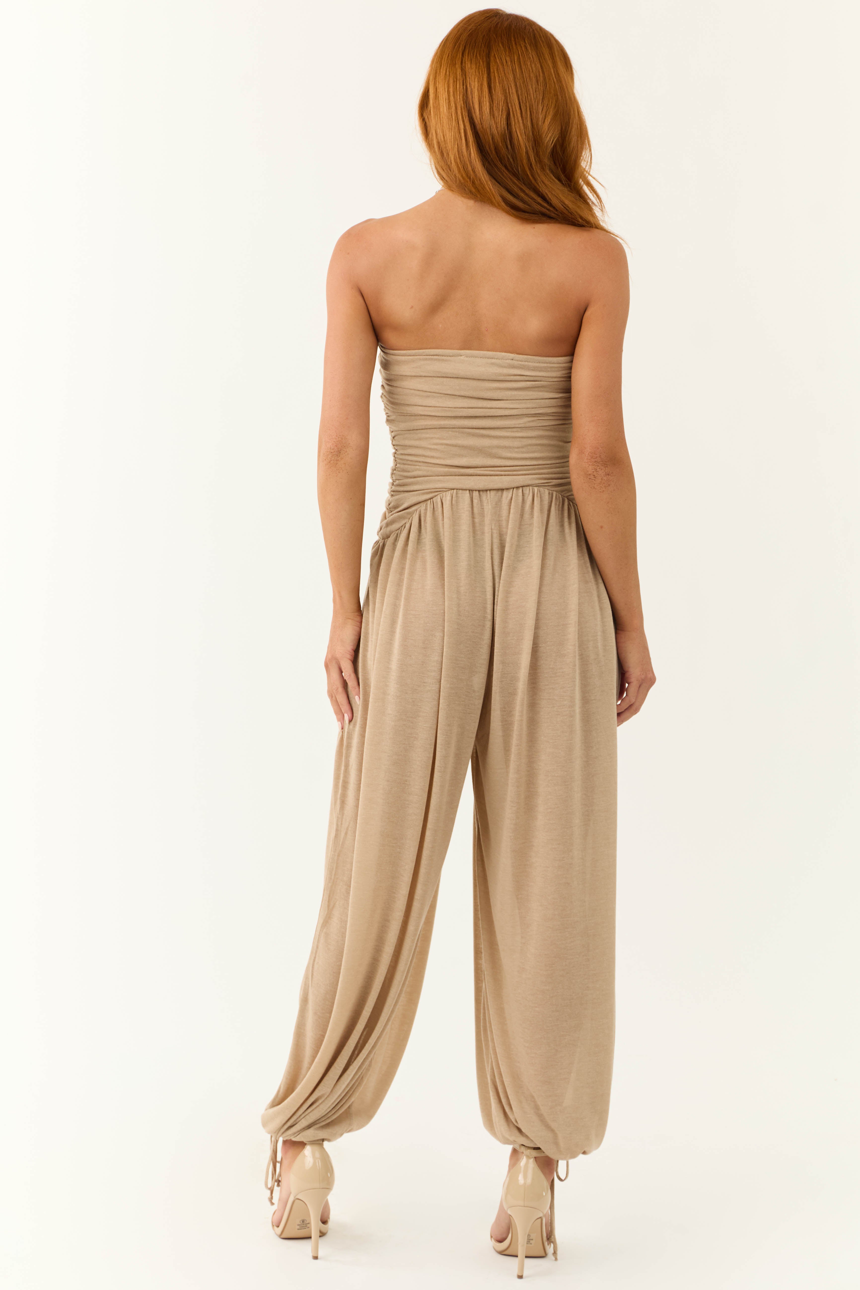 Latte Strapless Wide Leg Ruched Jumpsuit-Newayad