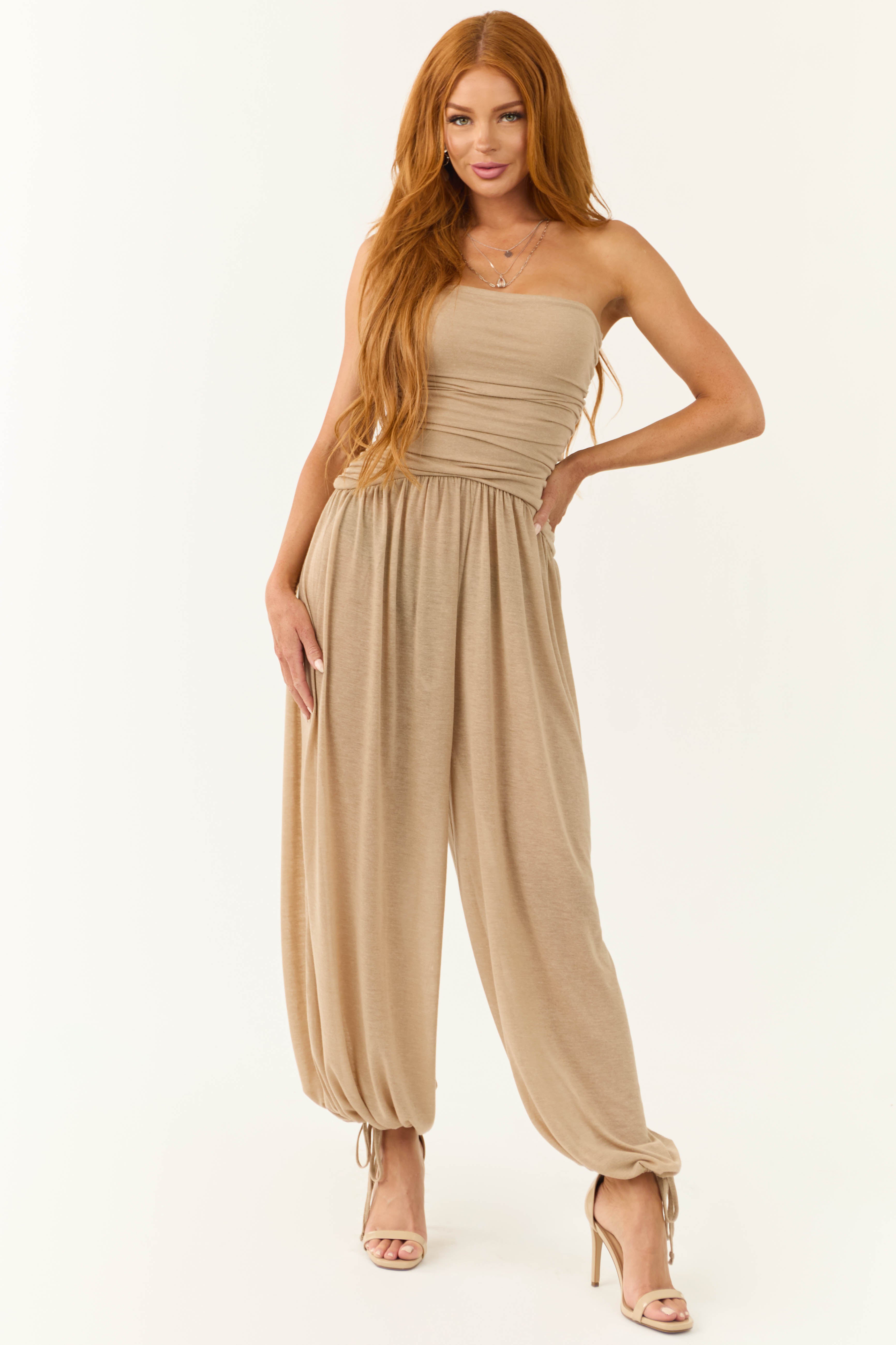 Latte Strapless Wide Leg Ruched Jumpsuit-Newayad