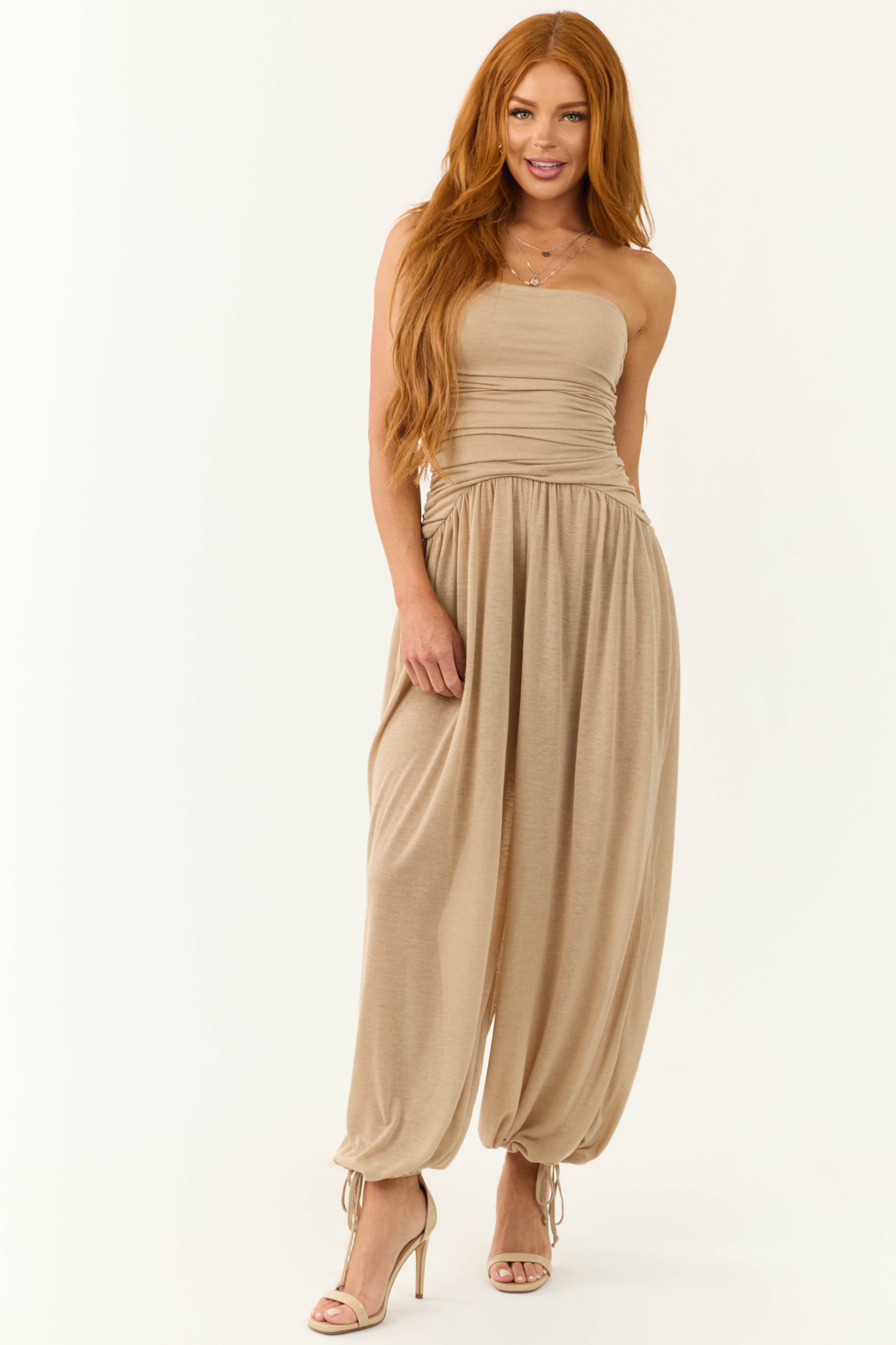 Latte Strapless Wide Leg Ruched Jumpsuit-Newayad
