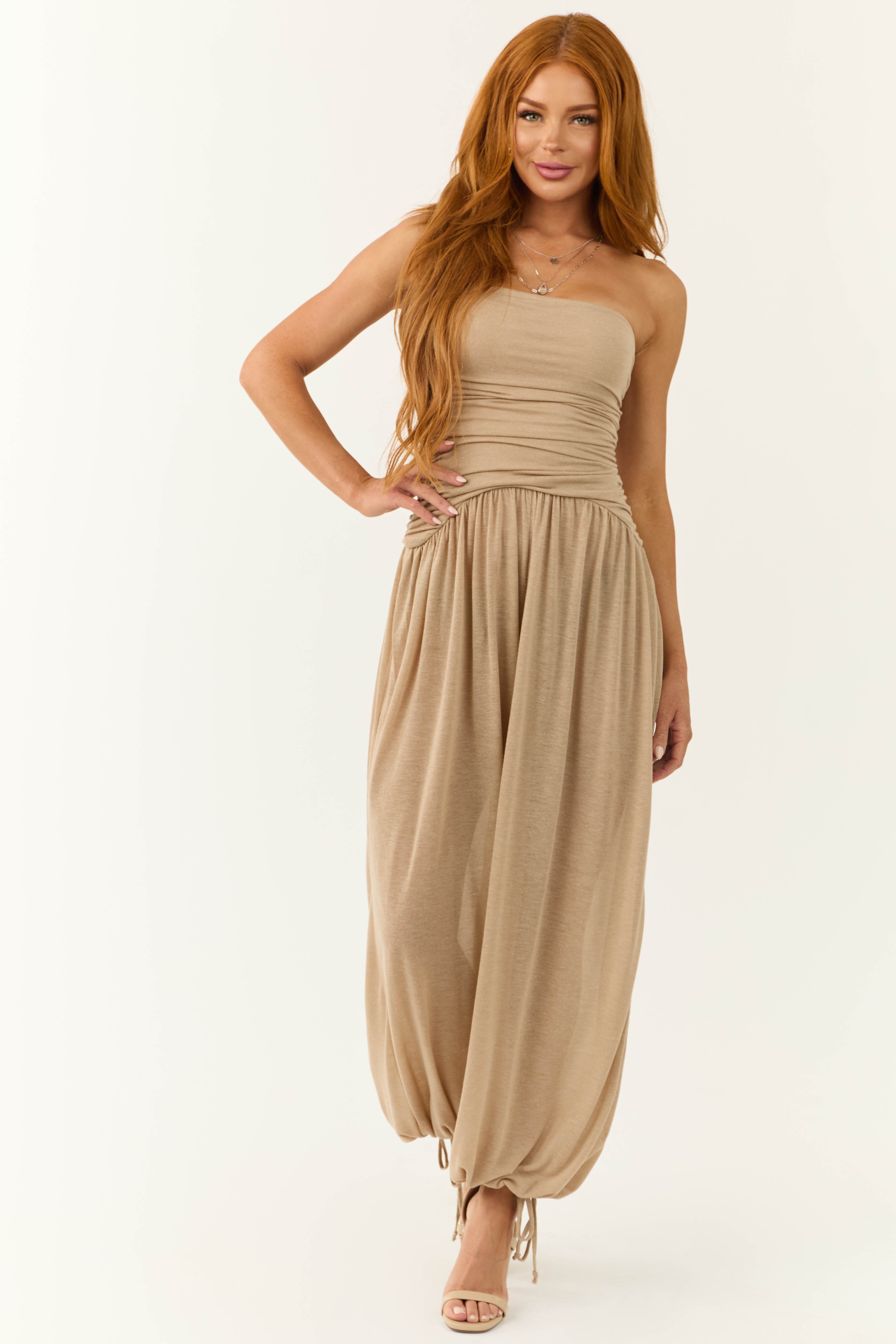 Latte Strapless Wide Leg Ruched Jumpsuit-Newayad