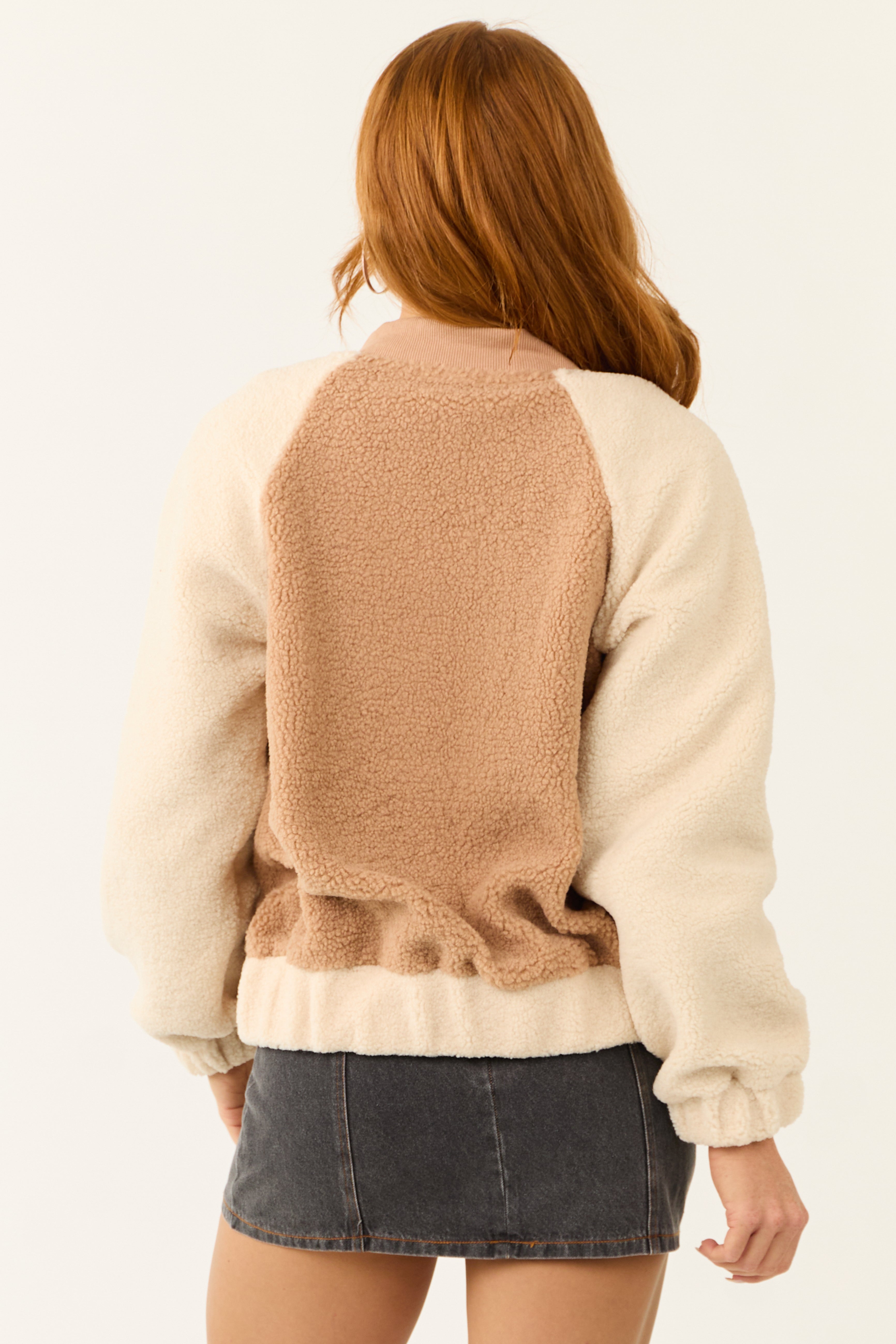 Latte and Cream Contrast Sherpa Bomber Jacket-Newayad