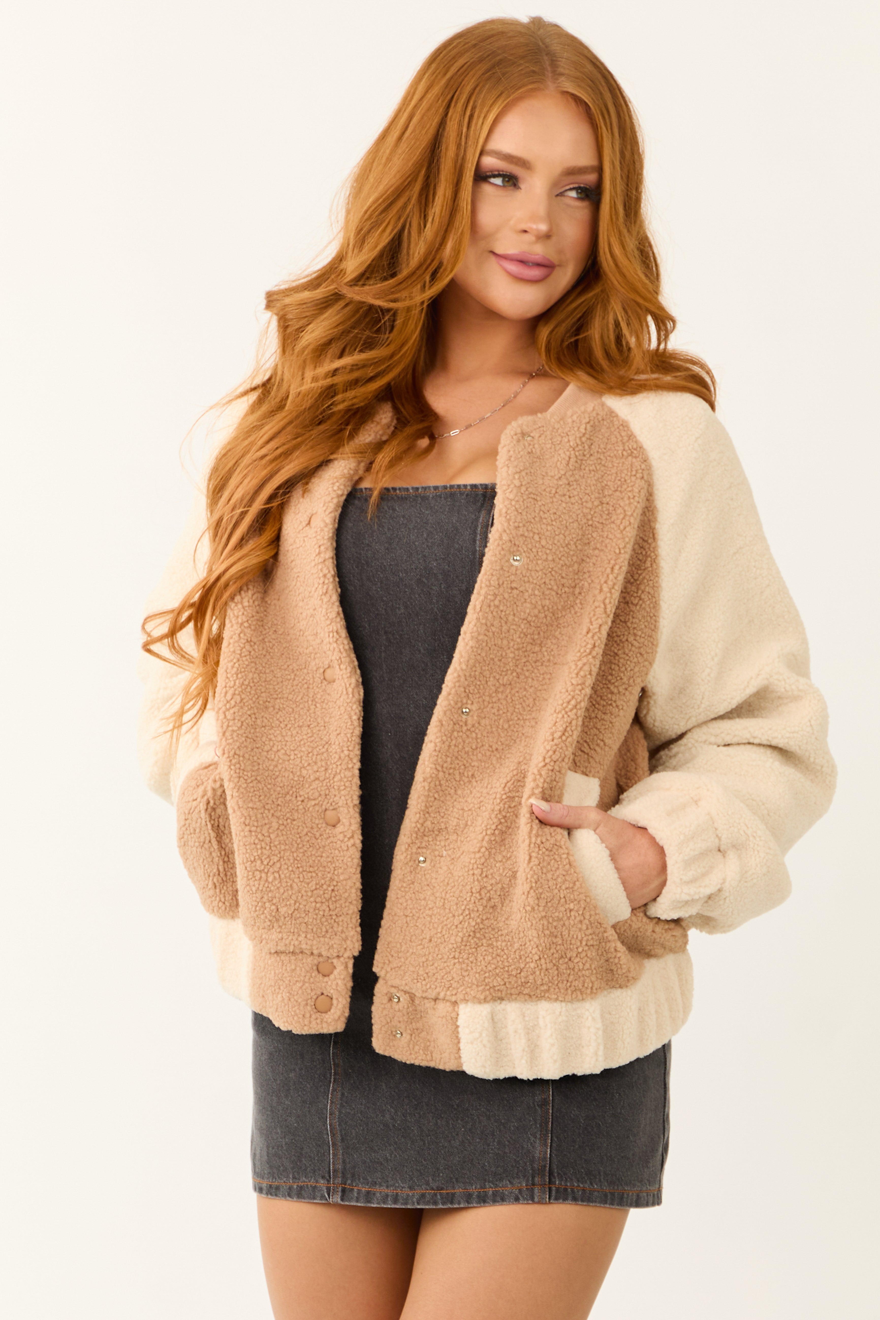 Latte and Cream Contrast Sherpa Bomber Jacket-Newayad