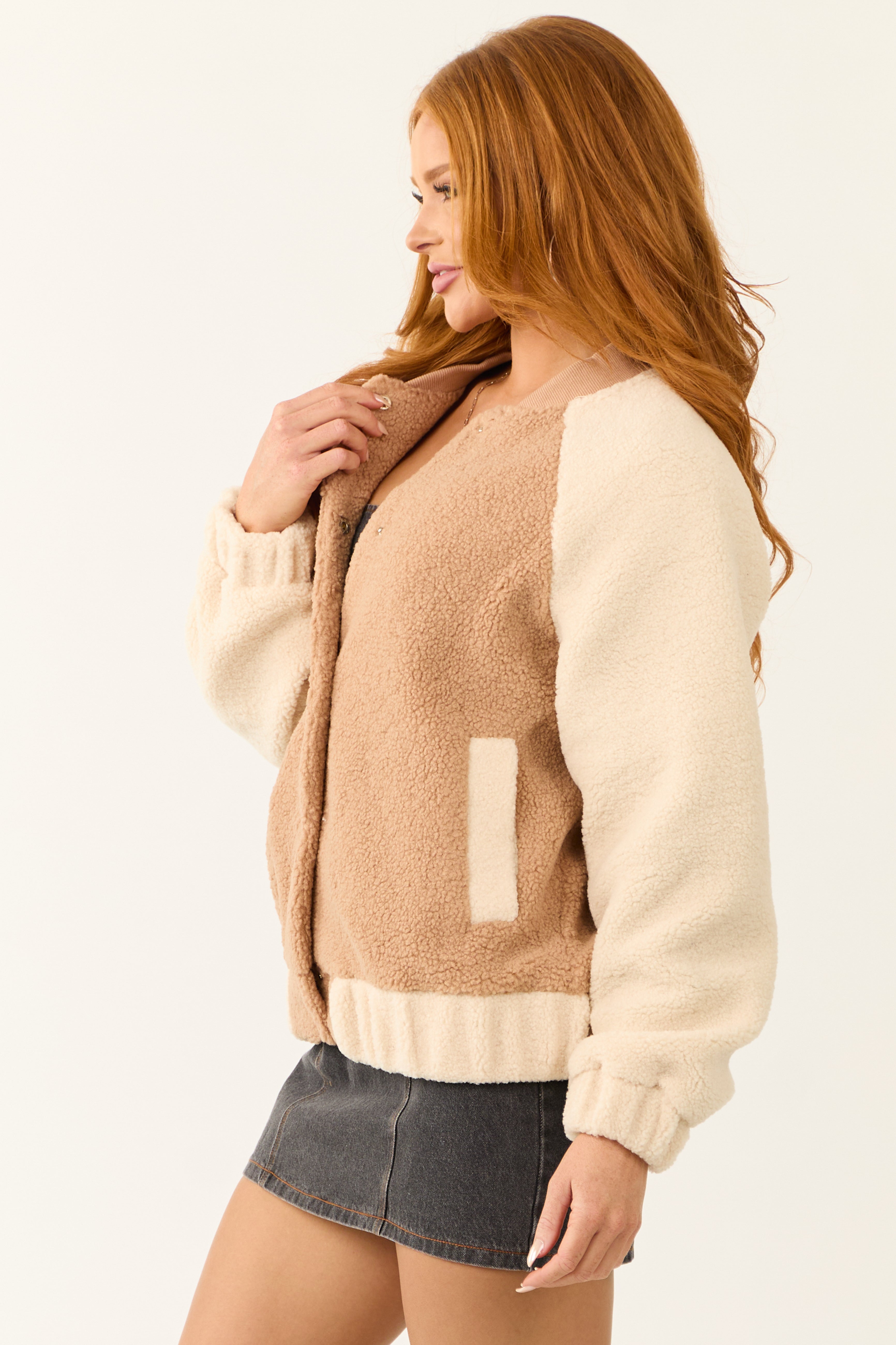 Latte and Cream Contrast Sherpa Bomber Jacket-Newayad