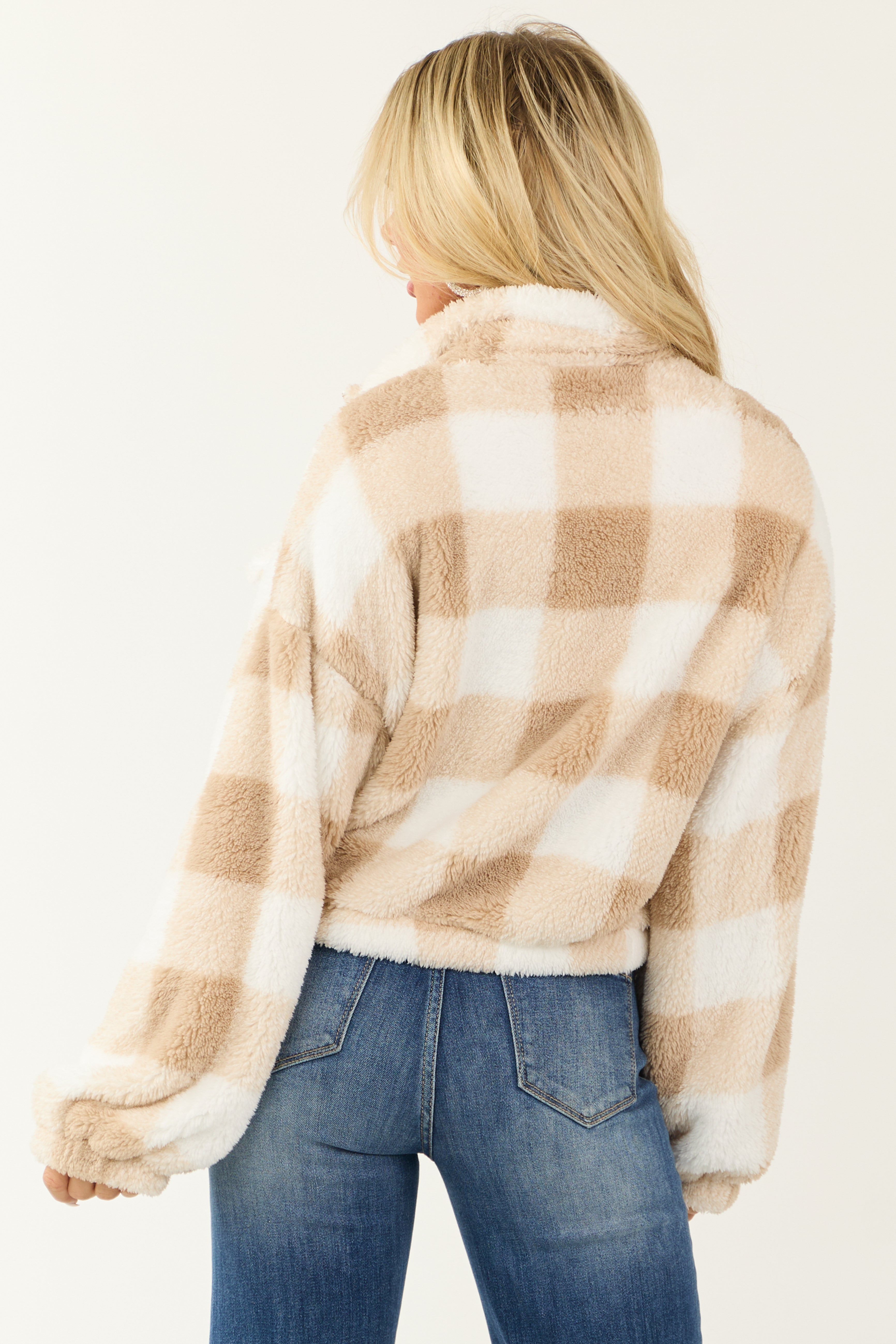 Latte and Ivory Plaid Fuzzy Zip Up Shacket-Newayad