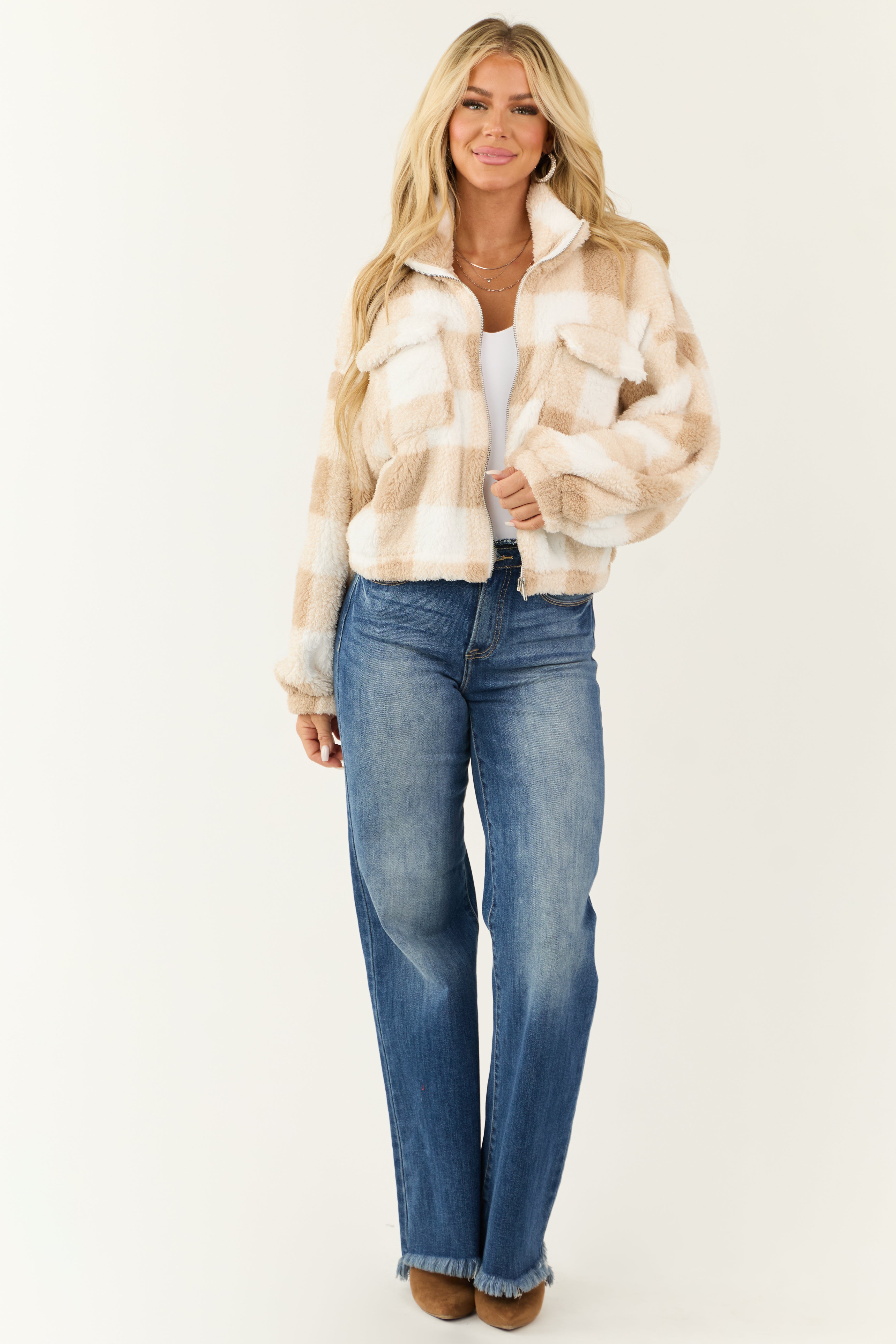Latte and Ivory Plaid Fuzzy Zip Up Shacket-Newayad