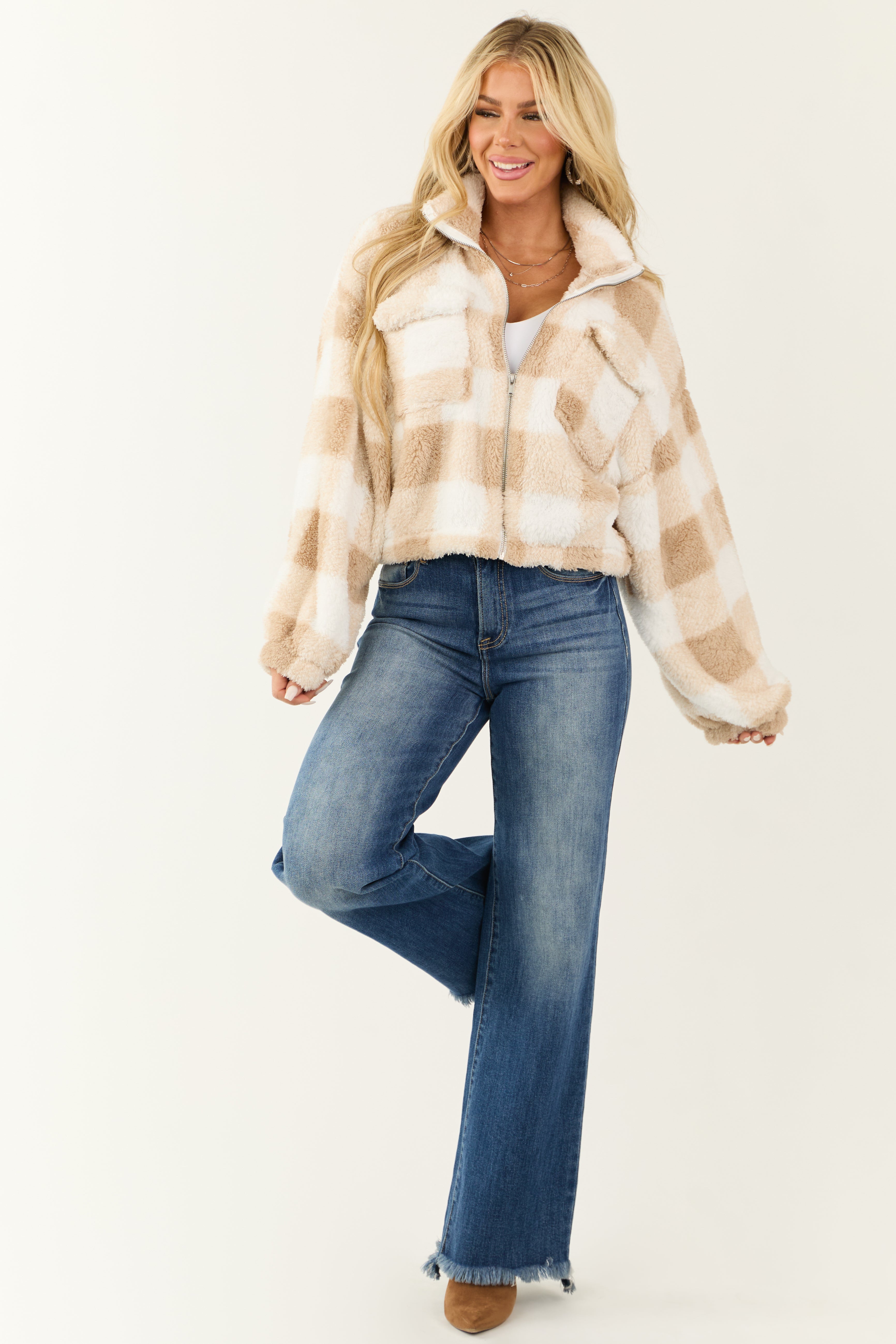 Latte and Ivory Plaid Fuzzy Zip Up Shacket-Newayad