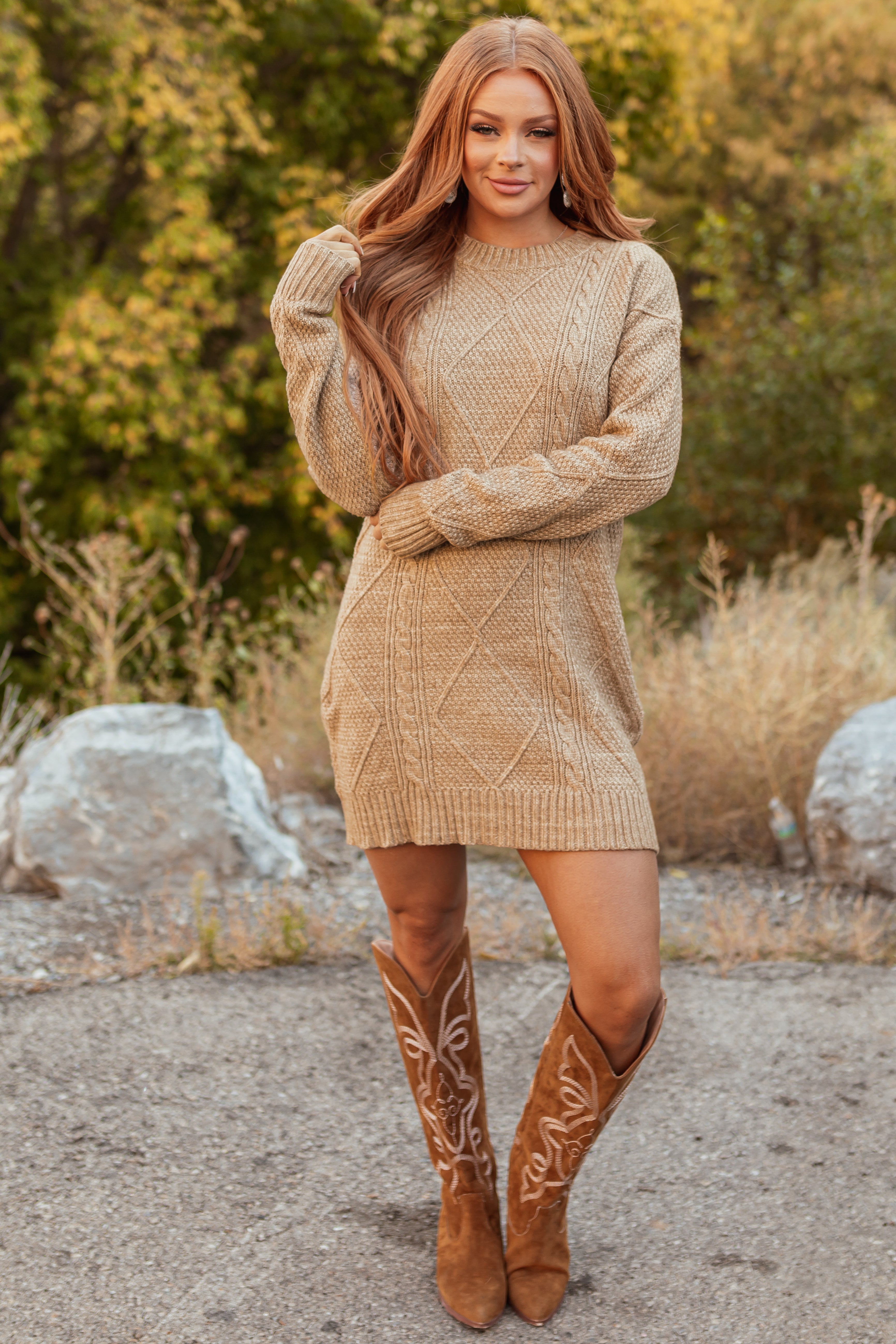 Latte Cable Knit Loose Fit Short Sweater Dress-Newayad