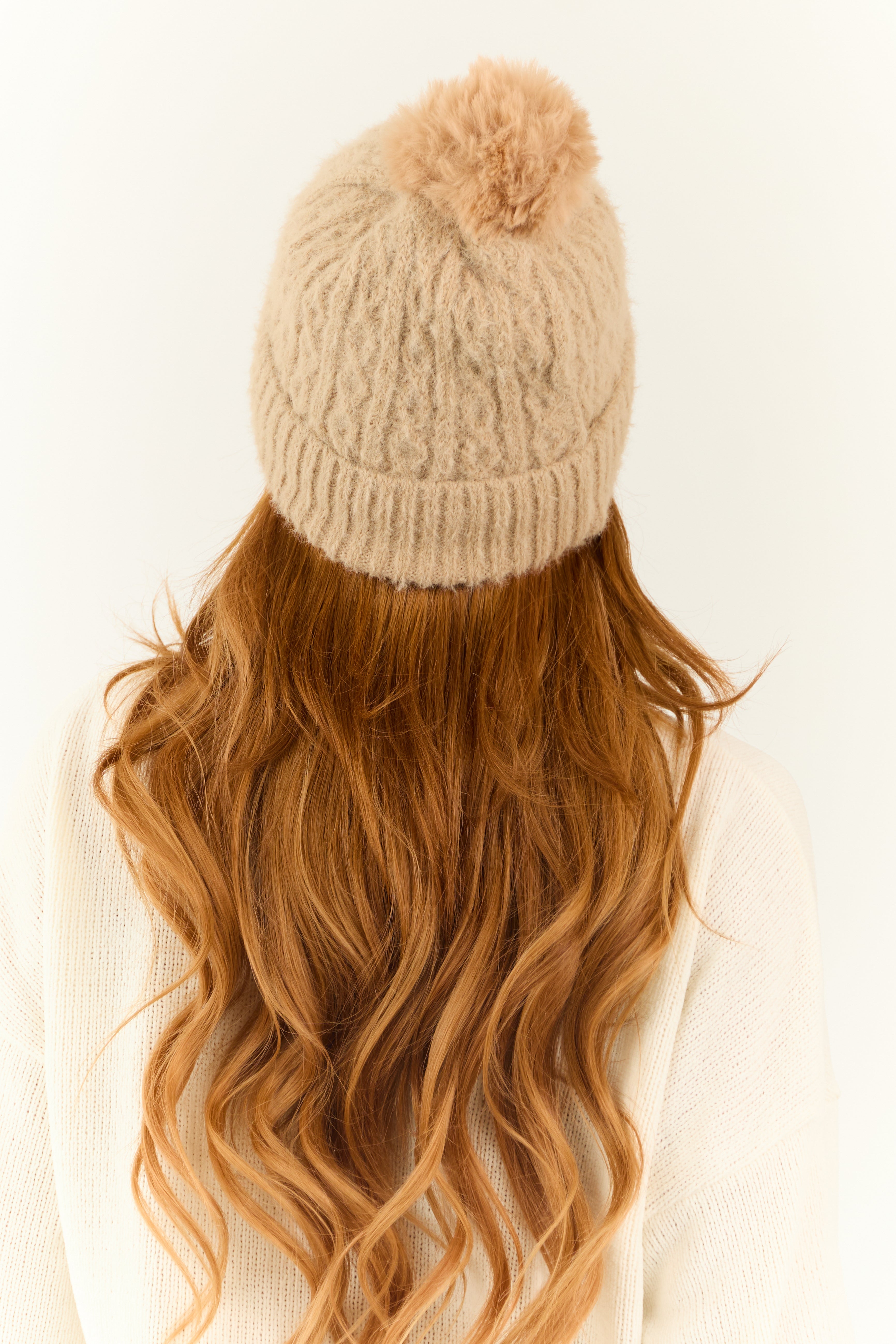 Latte Cable Knit Pom Pom Soft Faux Fur Beanie-Newayad