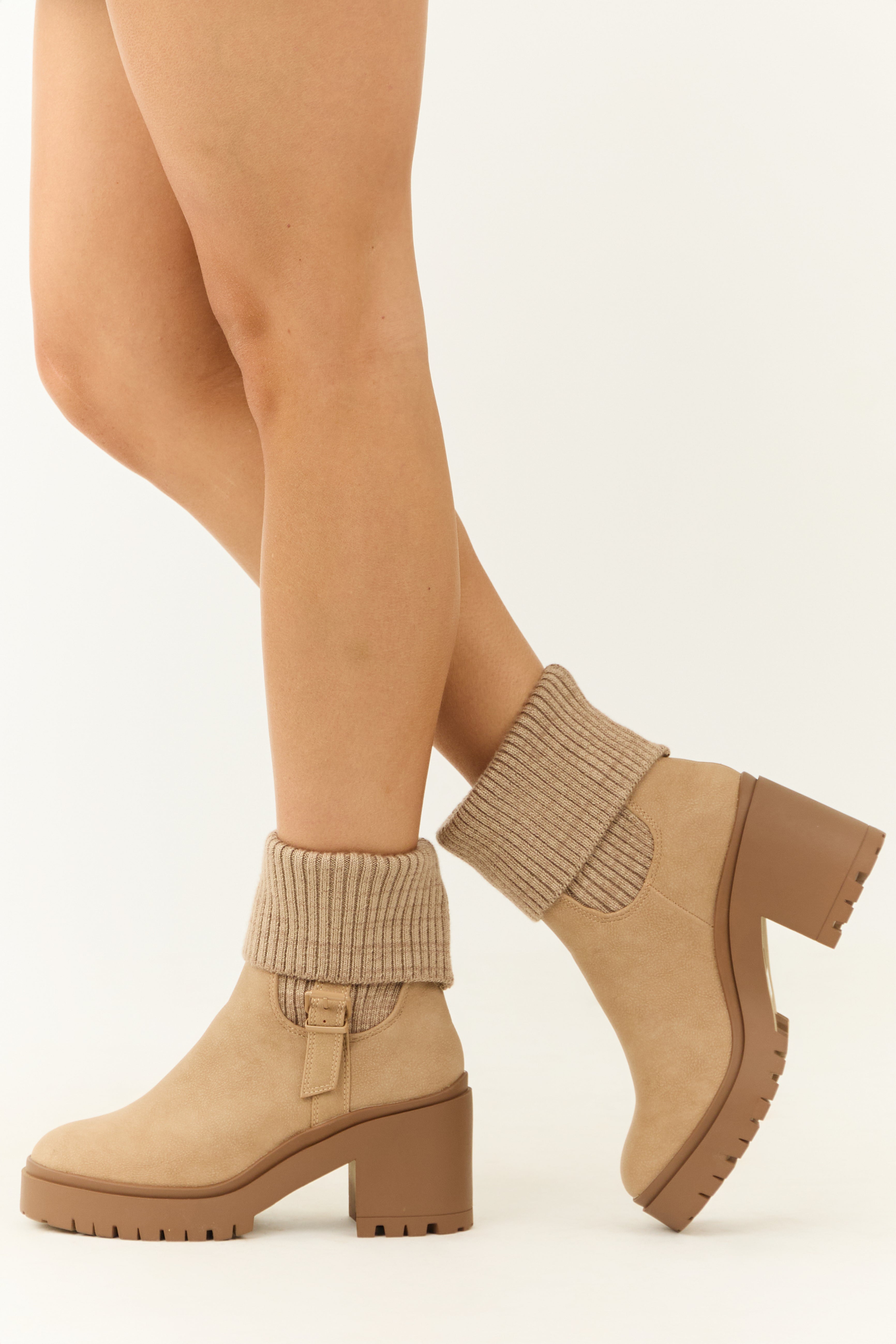 Latte Chunky Heel Side Buckle Booties-Newayad