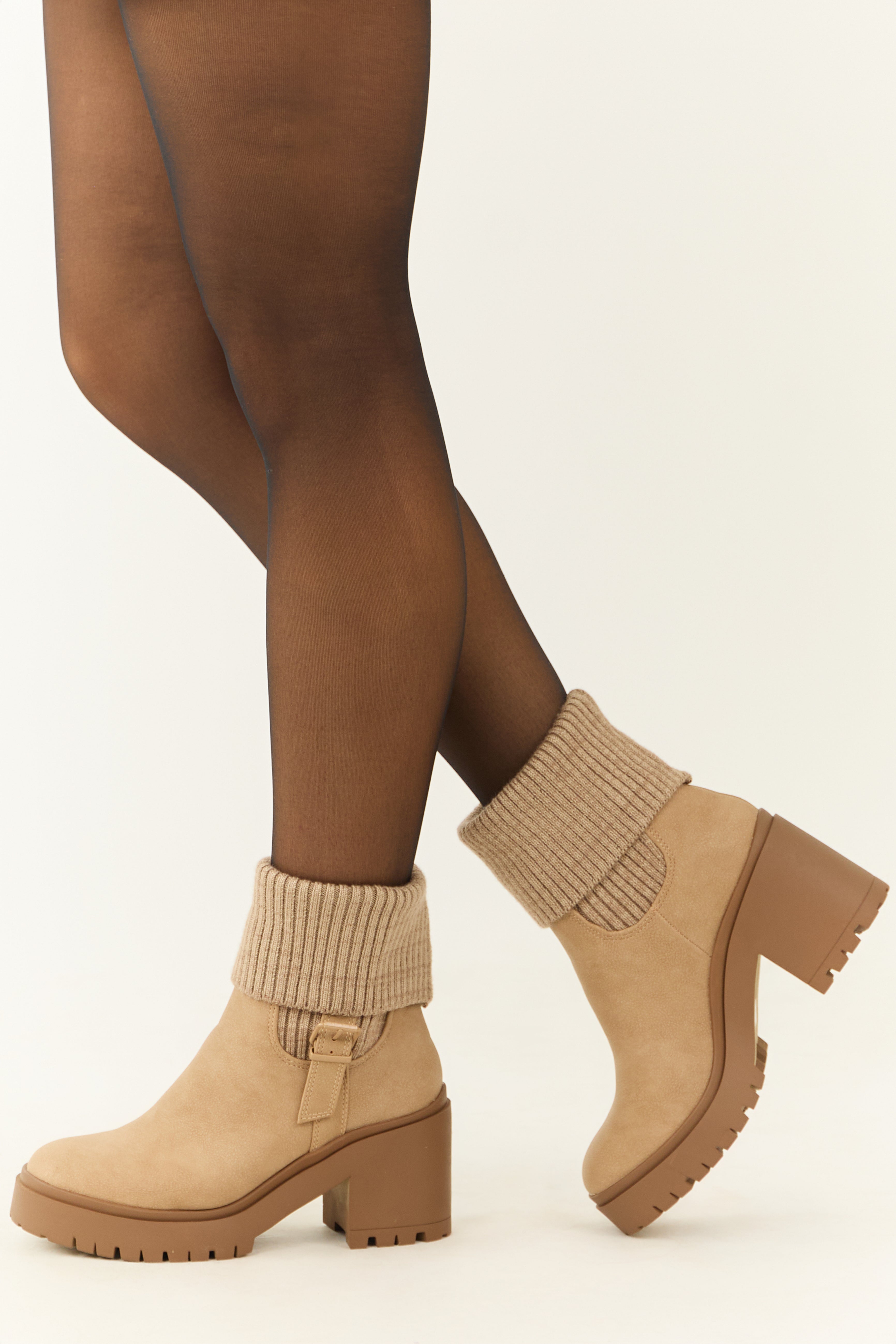 Latte Chunky Heel Side Buckle Booties-Newayad
