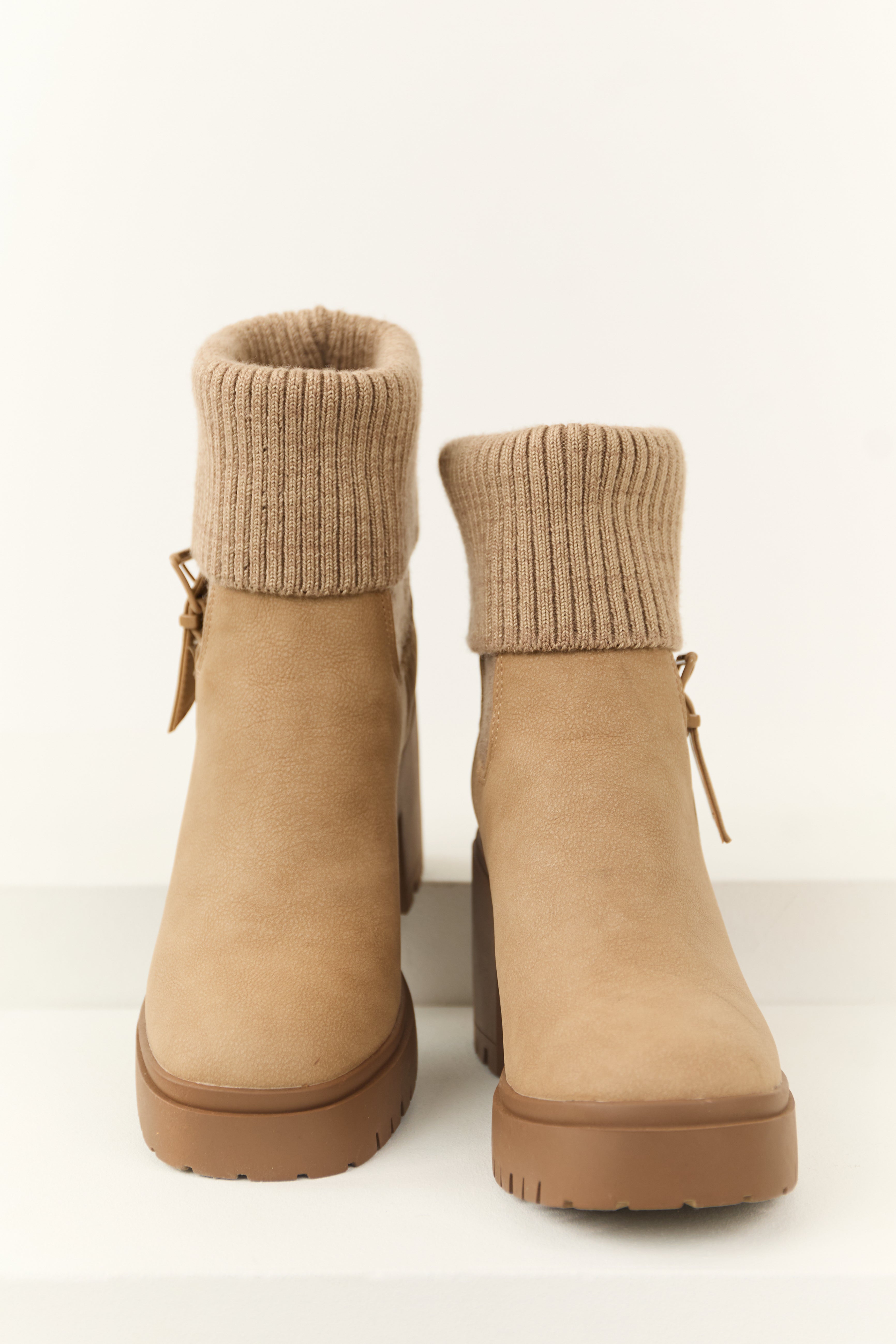 Latte Chunky Heel Side Buckle Booties-Newayad