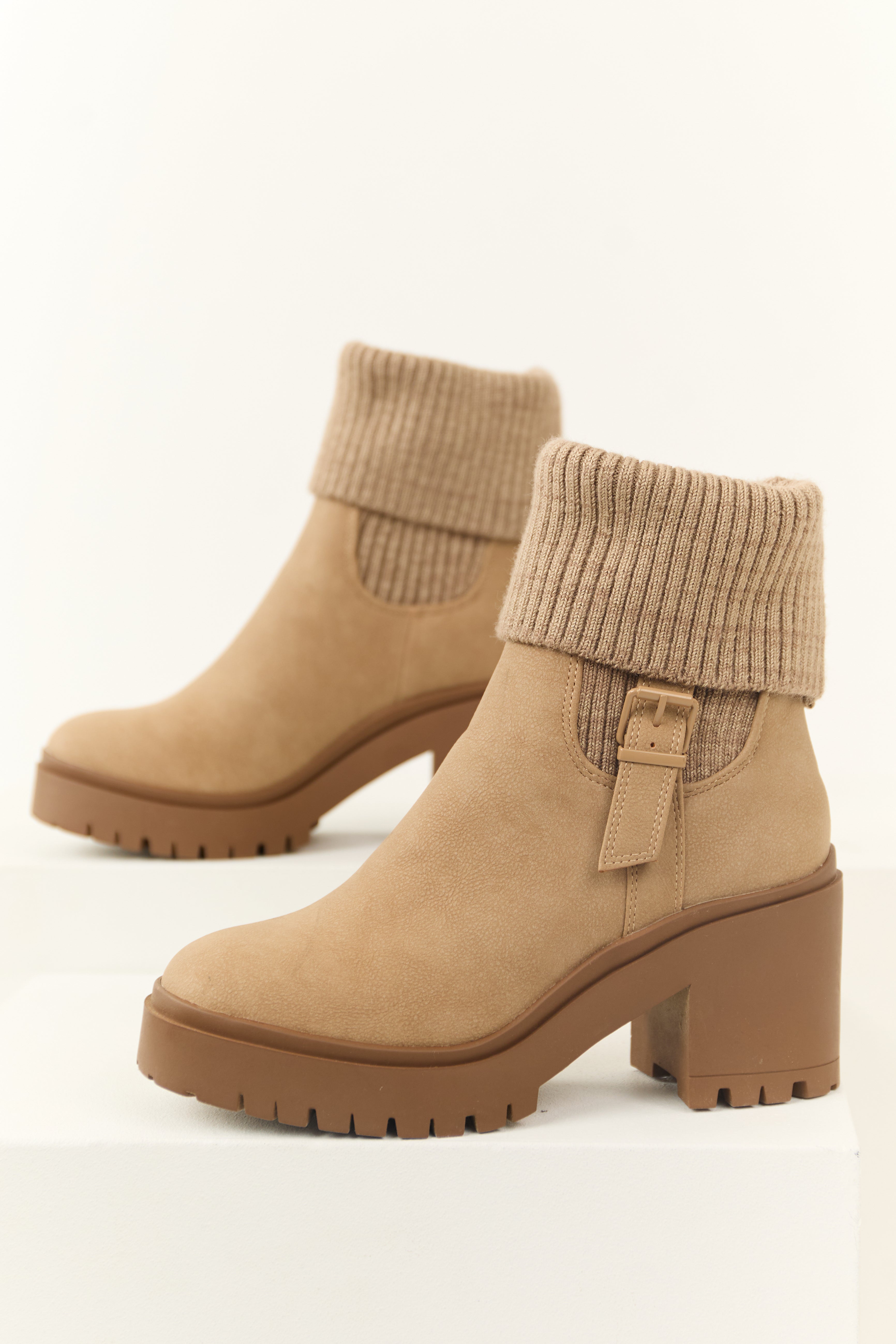 Latte Chunky Heel Side Buckle Booties-Newayad
