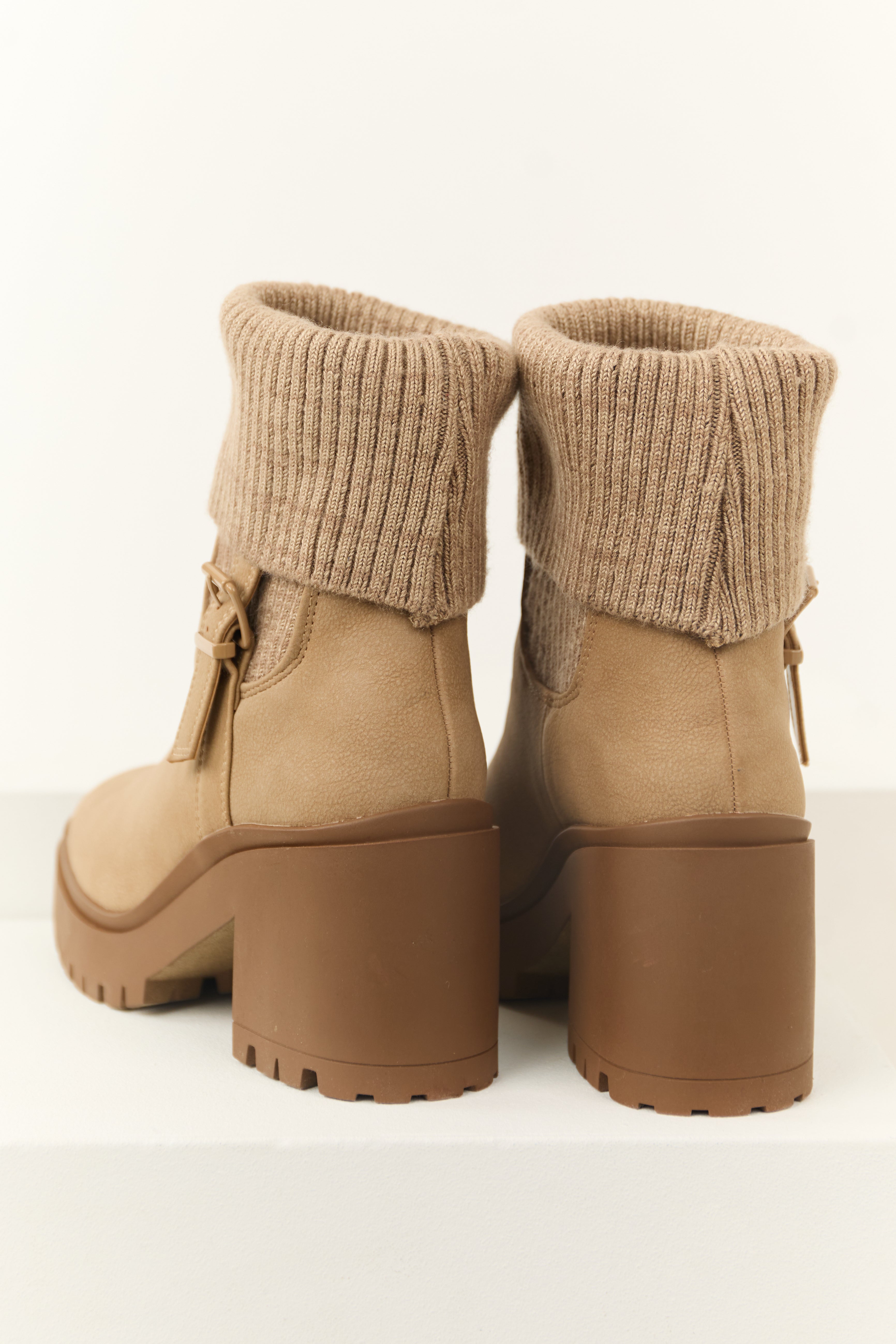 Latte Chunky Heel Side Buckle Booties-Newayad