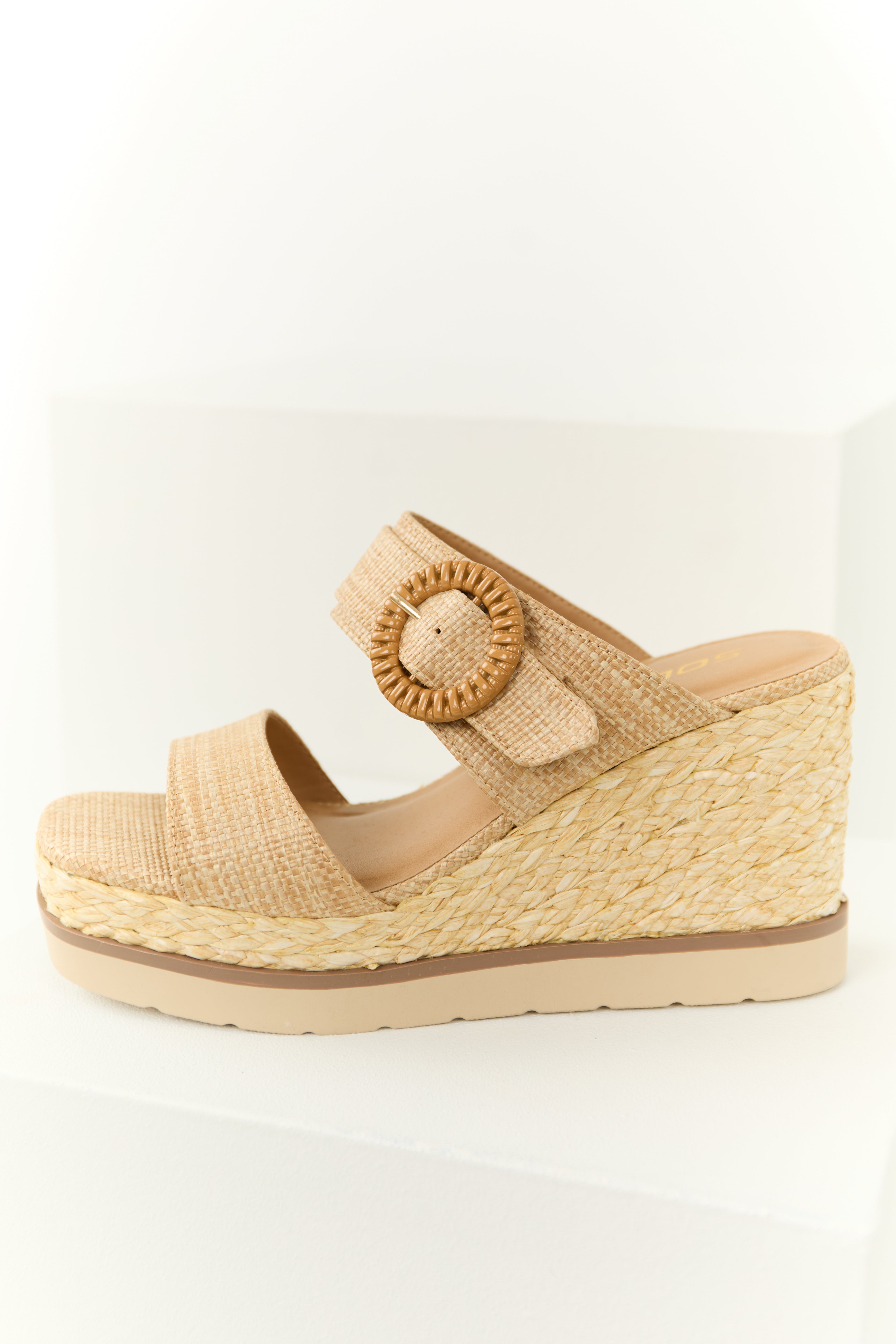 Latte Chunky Platform Raffia Wedge Heels-Newayad