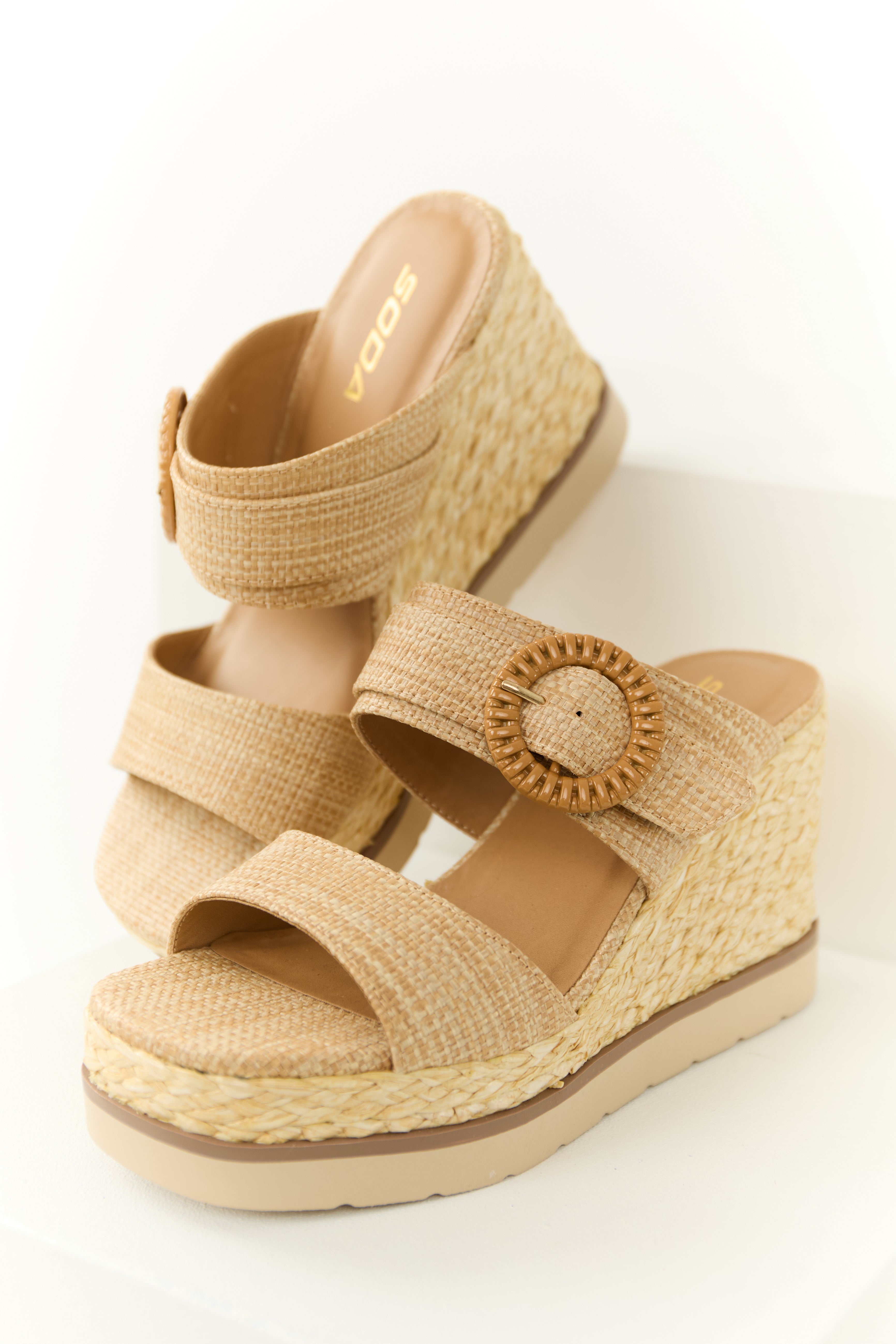 Latte Chunky Platform Raffia Wedge Heels-Newayad