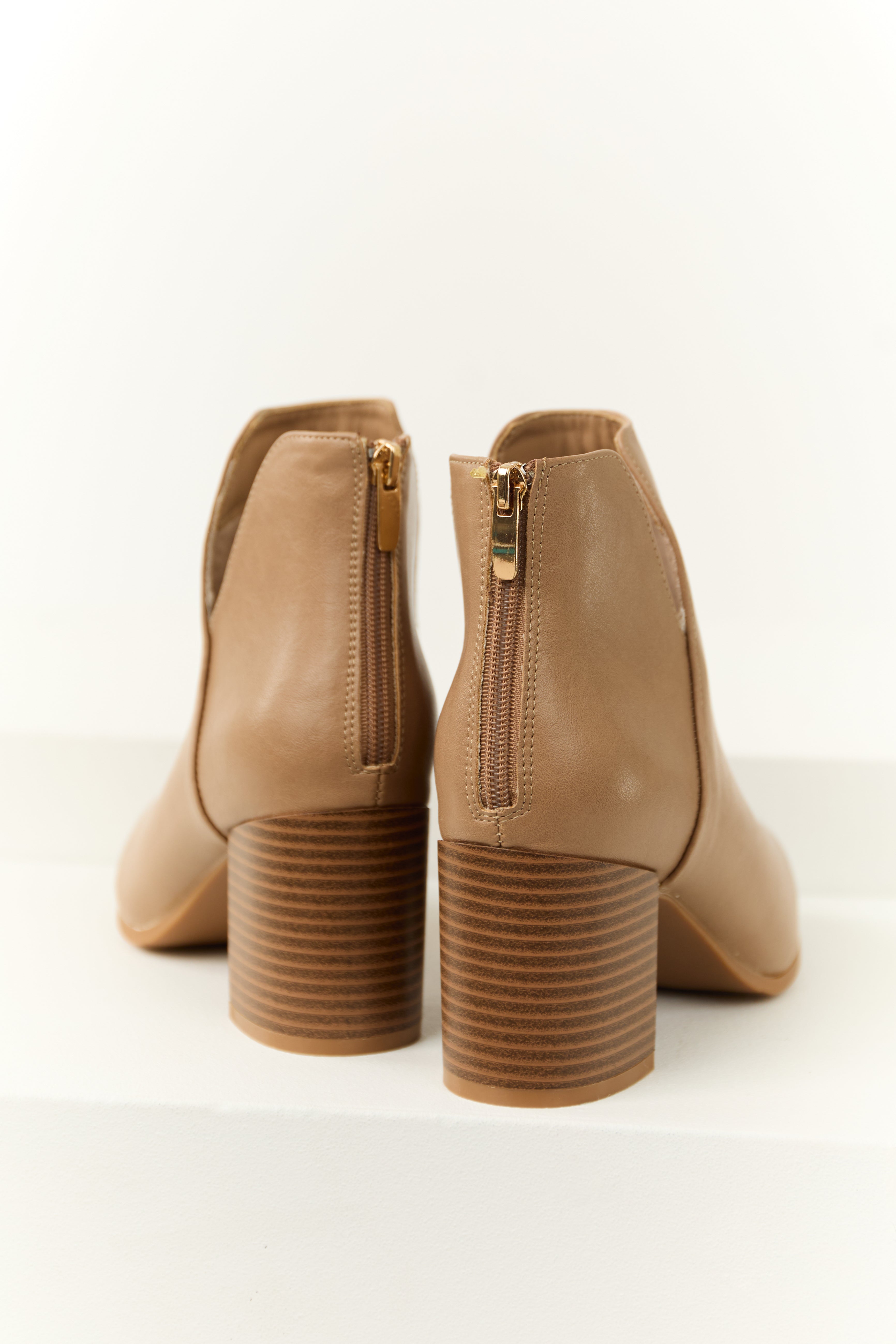 Latte Faux Leather Pointed Toe Block Heel Booties-Newayad