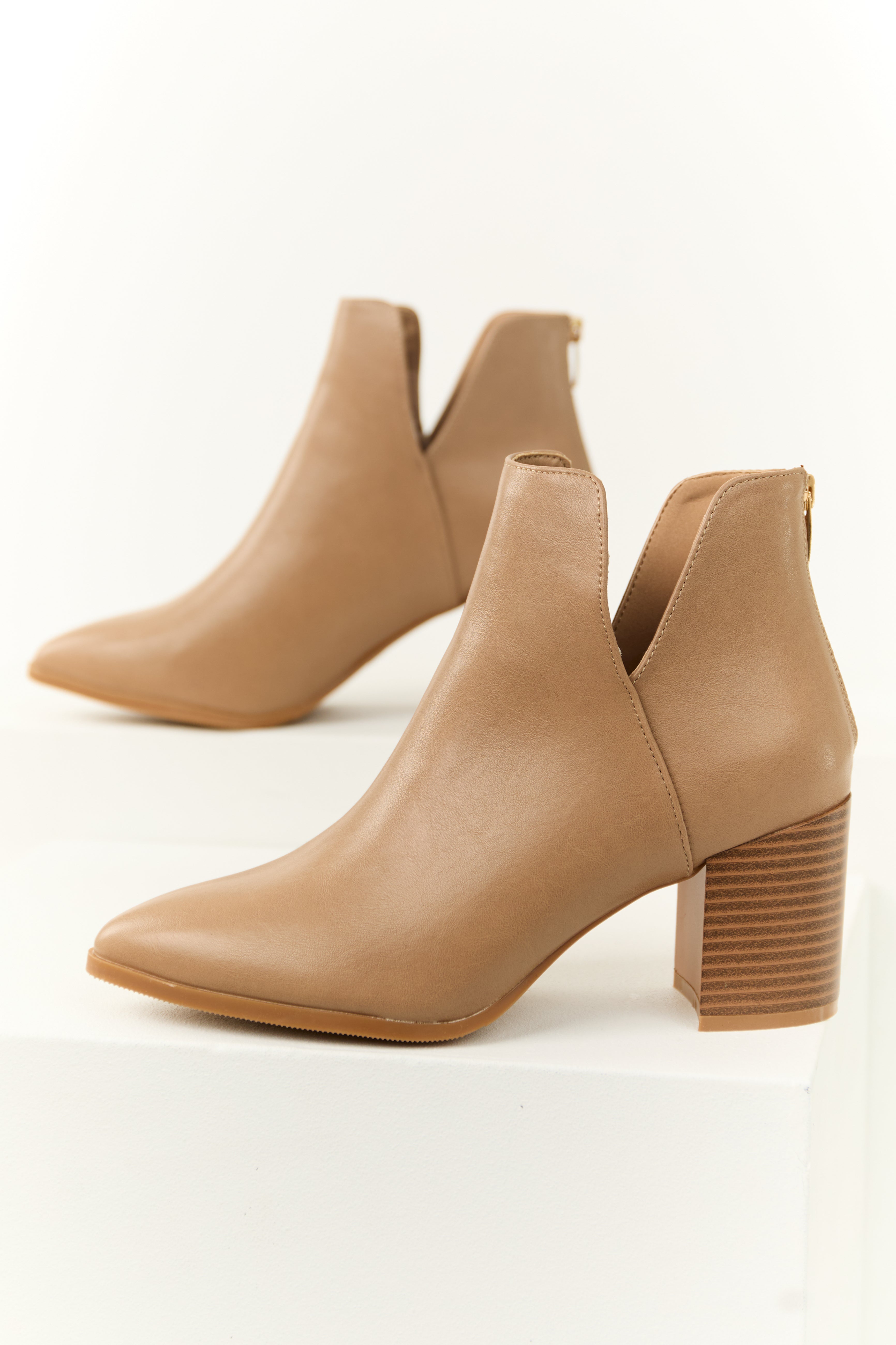 Latte Faux Leather Pointed Toe Block Heel Booties-Newayad