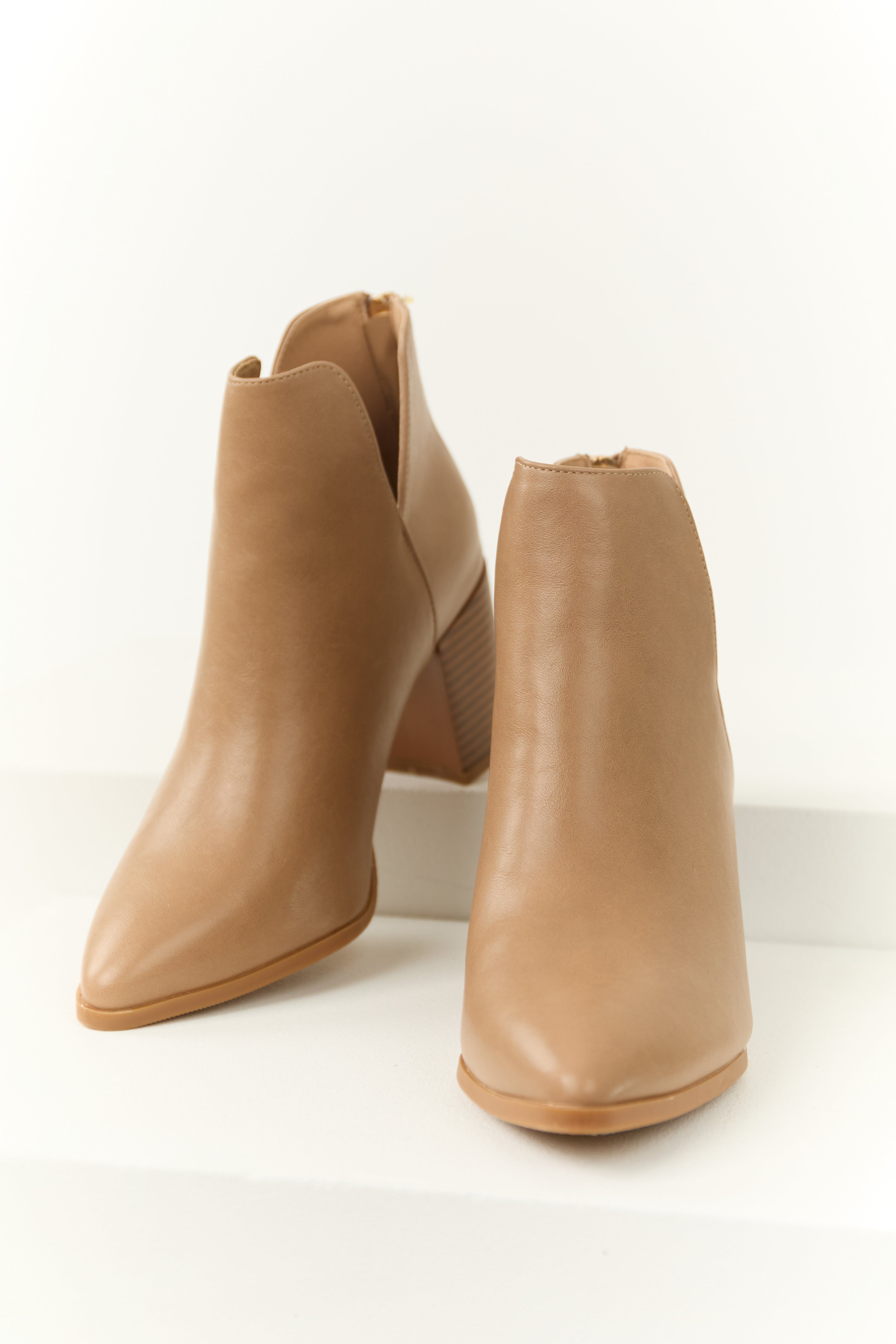 Latte Faux Leather Pointed Toe Block Heel Booties-Newayad