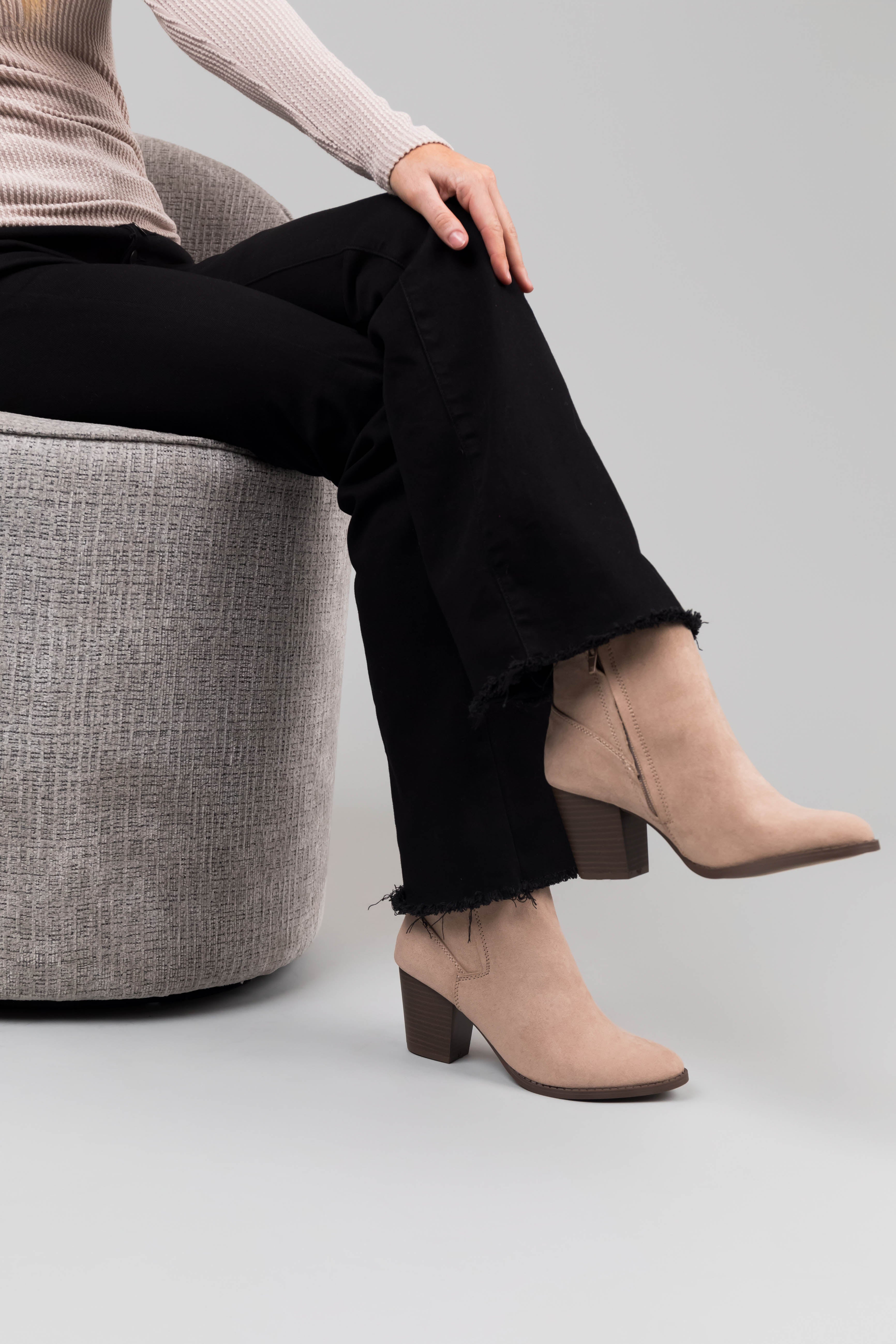Latte Faux Suede Block Heel Ankle Booties-Newayad