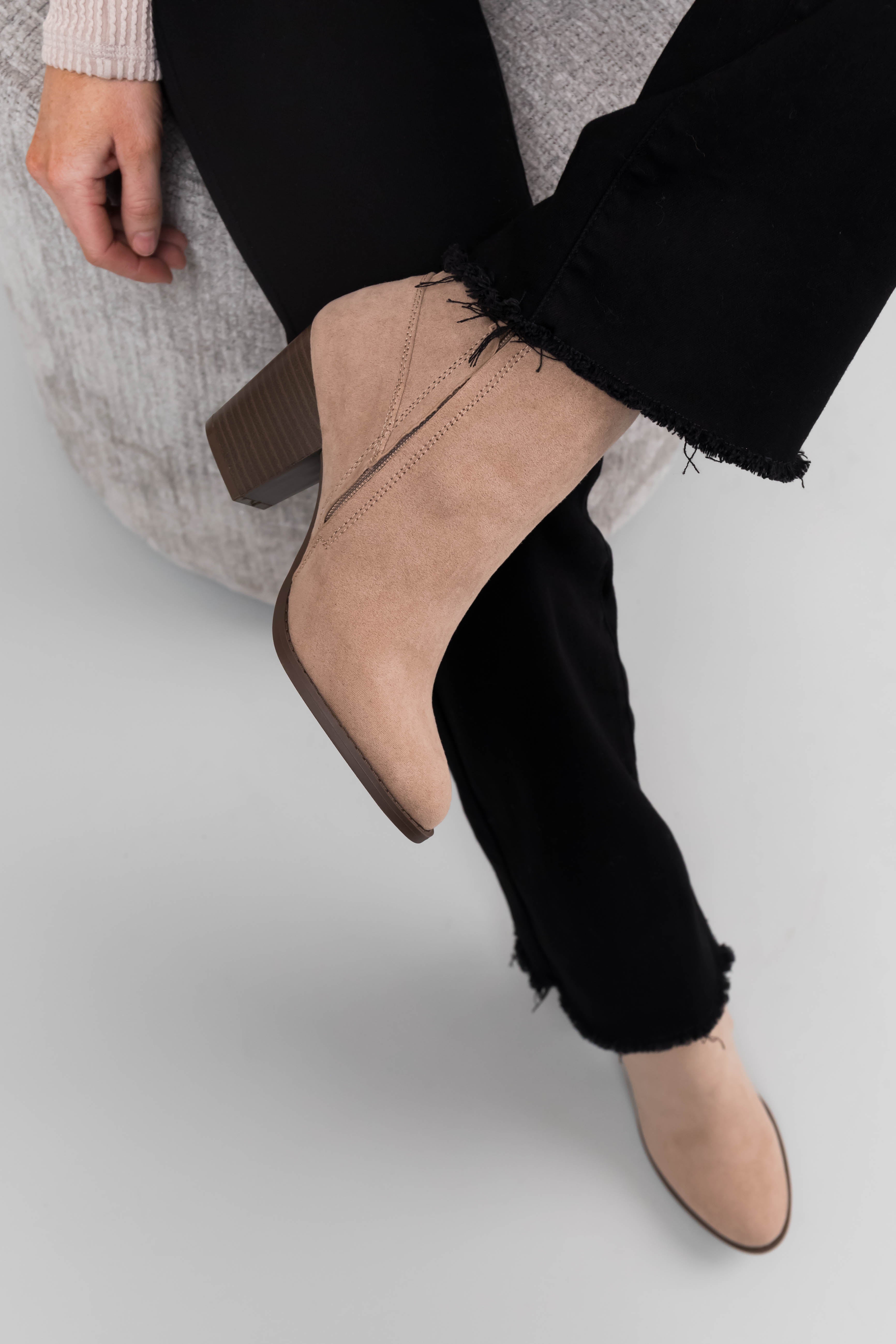 Latte Faux Suede Block Heel Ankle Booties-Newayad