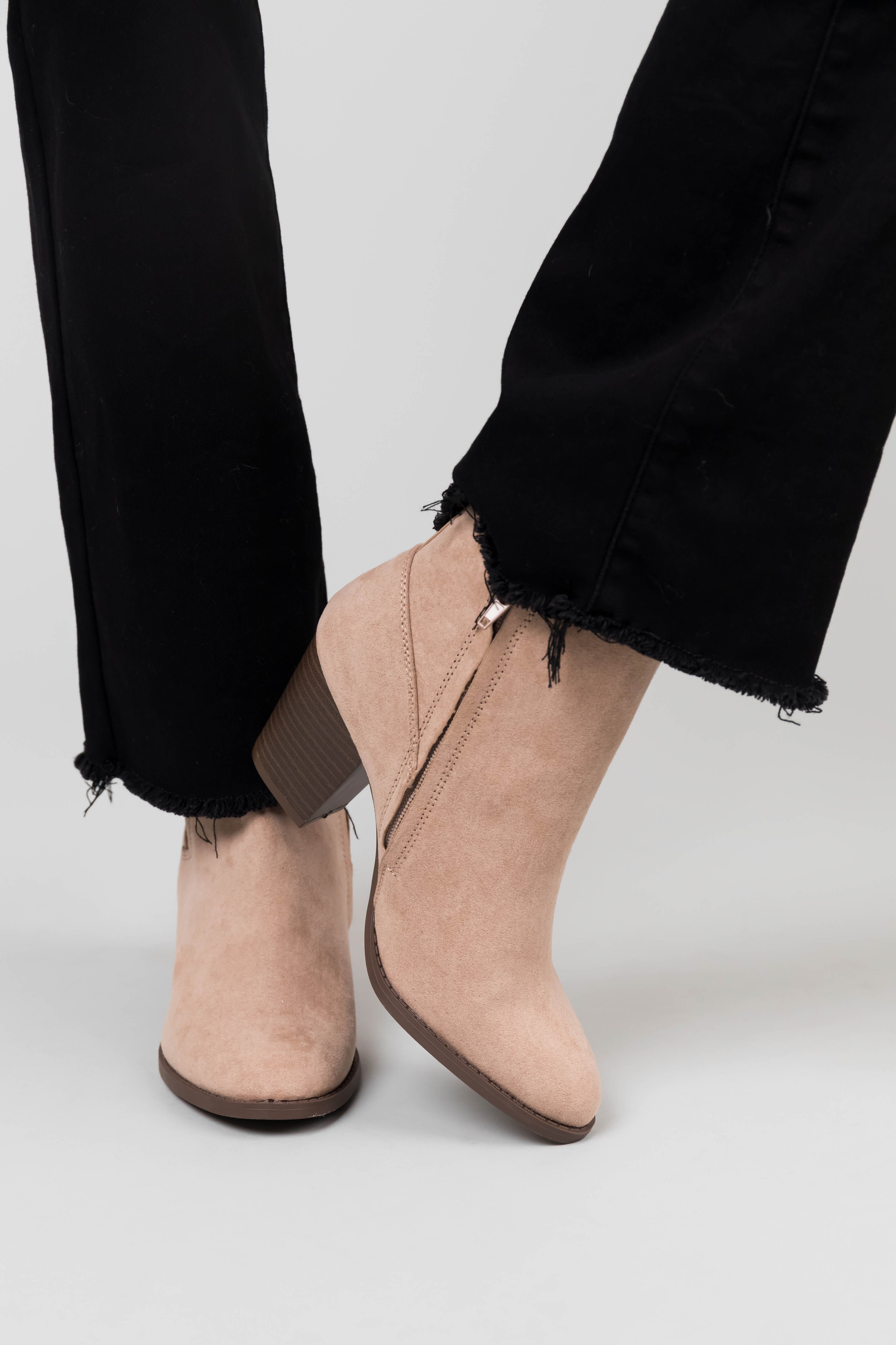 Latte Faux Suede Block Heel Ankle Booties-Newayad