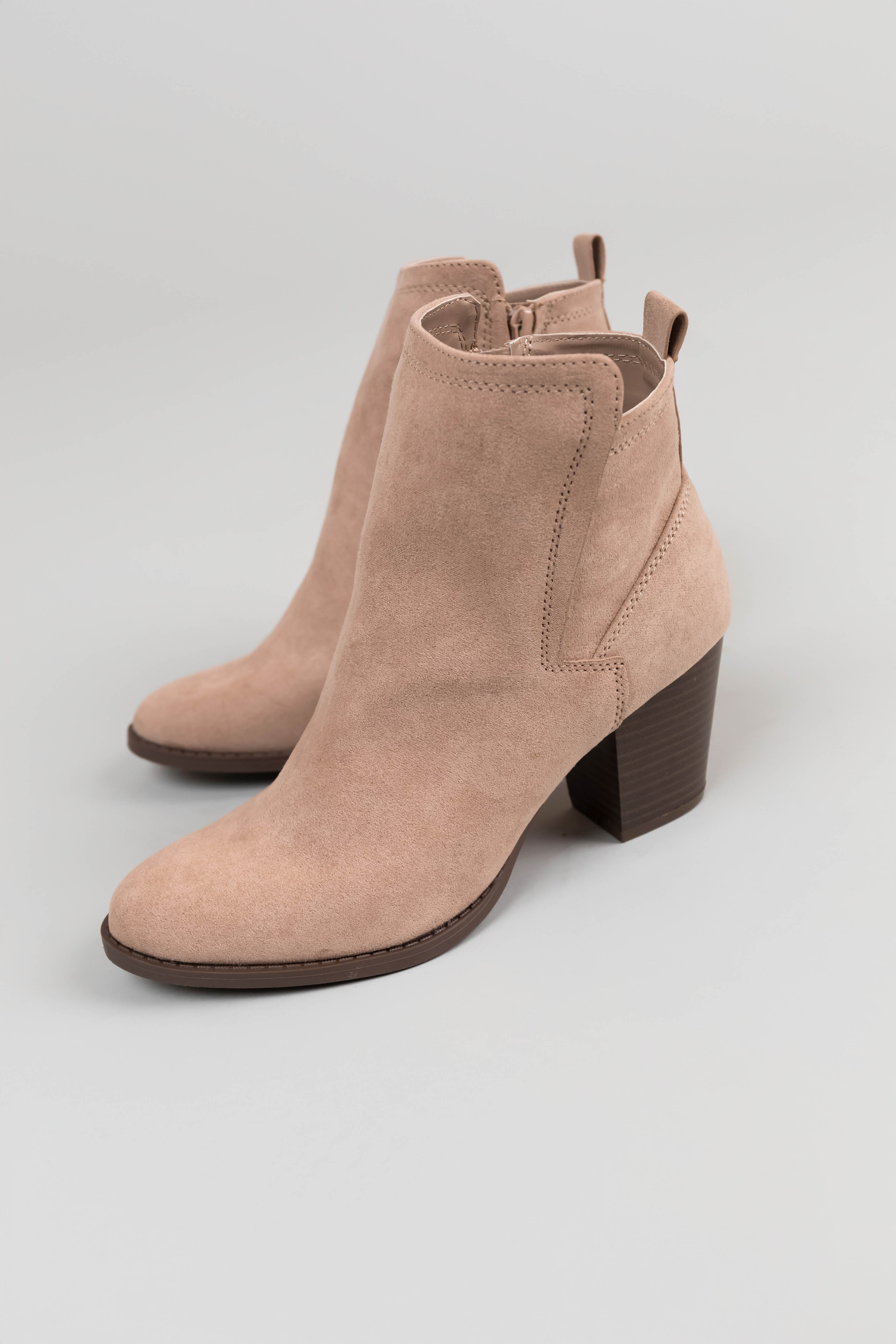 Latte Faux Suede Block Heel Ankle Booties-Newayad
