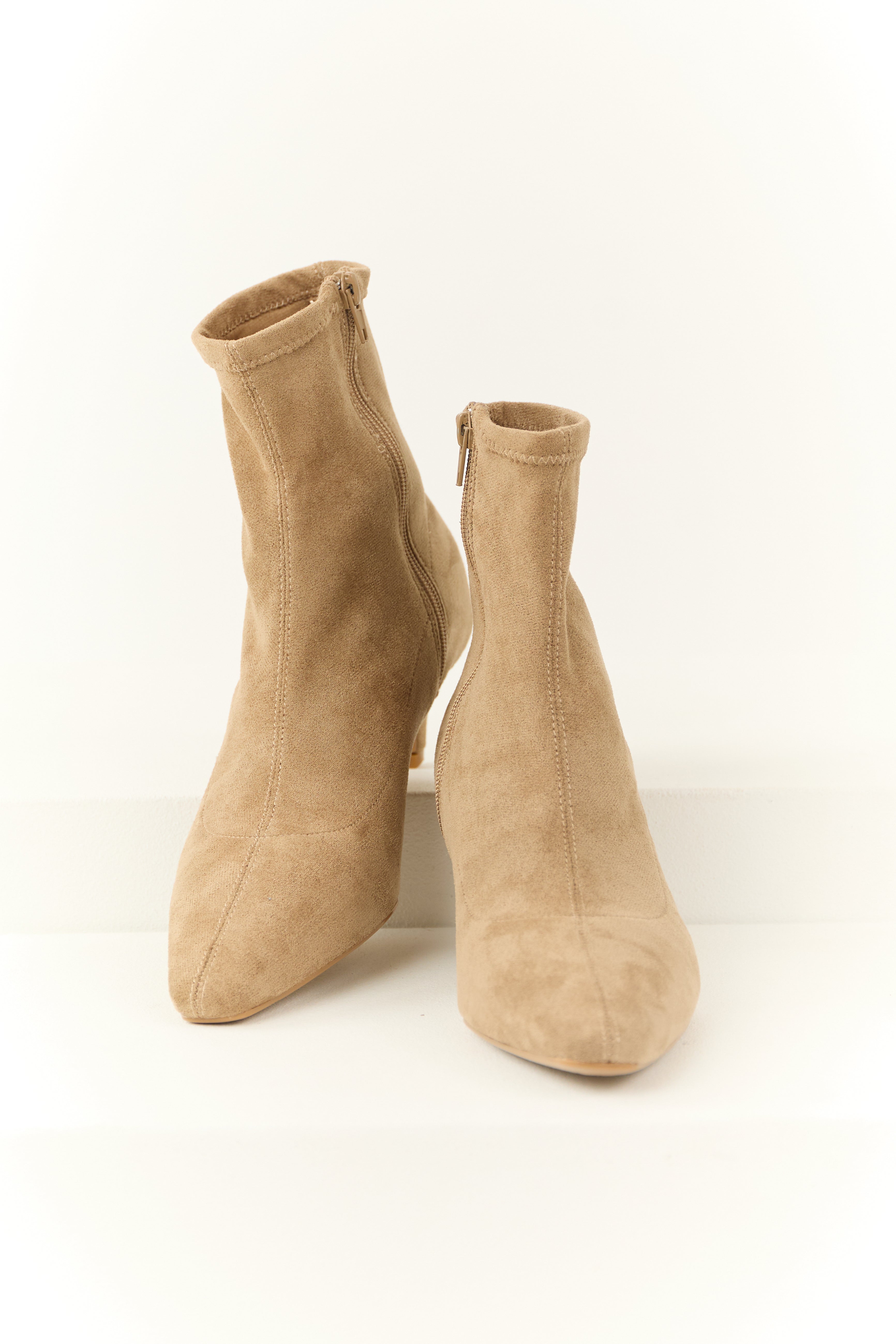 Latte Faux Suede Pointed Toe Ankle Booties with Heel-Newayad