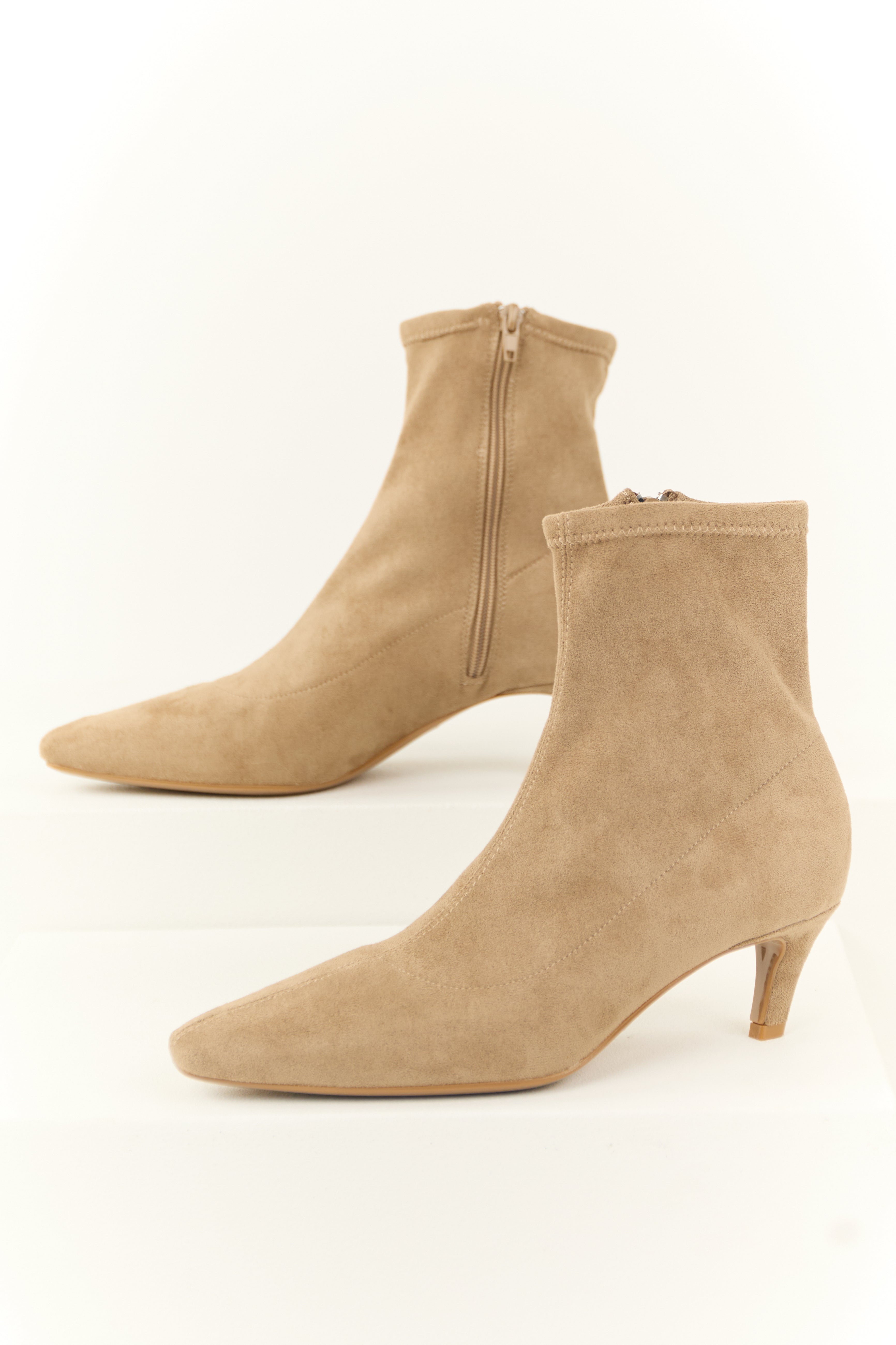 Latte Faux Suede Pointed Toe Ankle Booties with Heel-Newayad