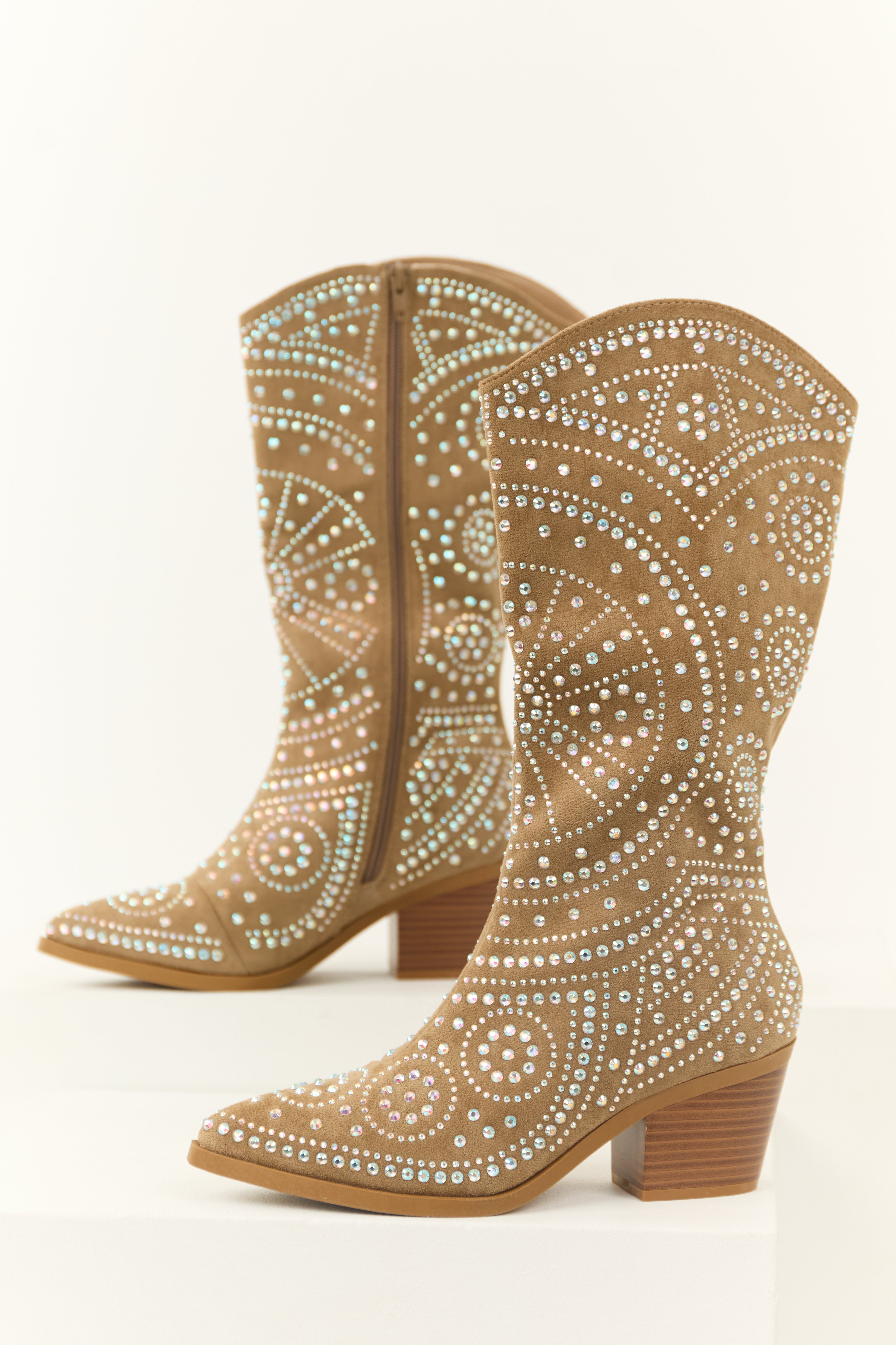 Latte Rhinestone Studded Western Boots-Newayad