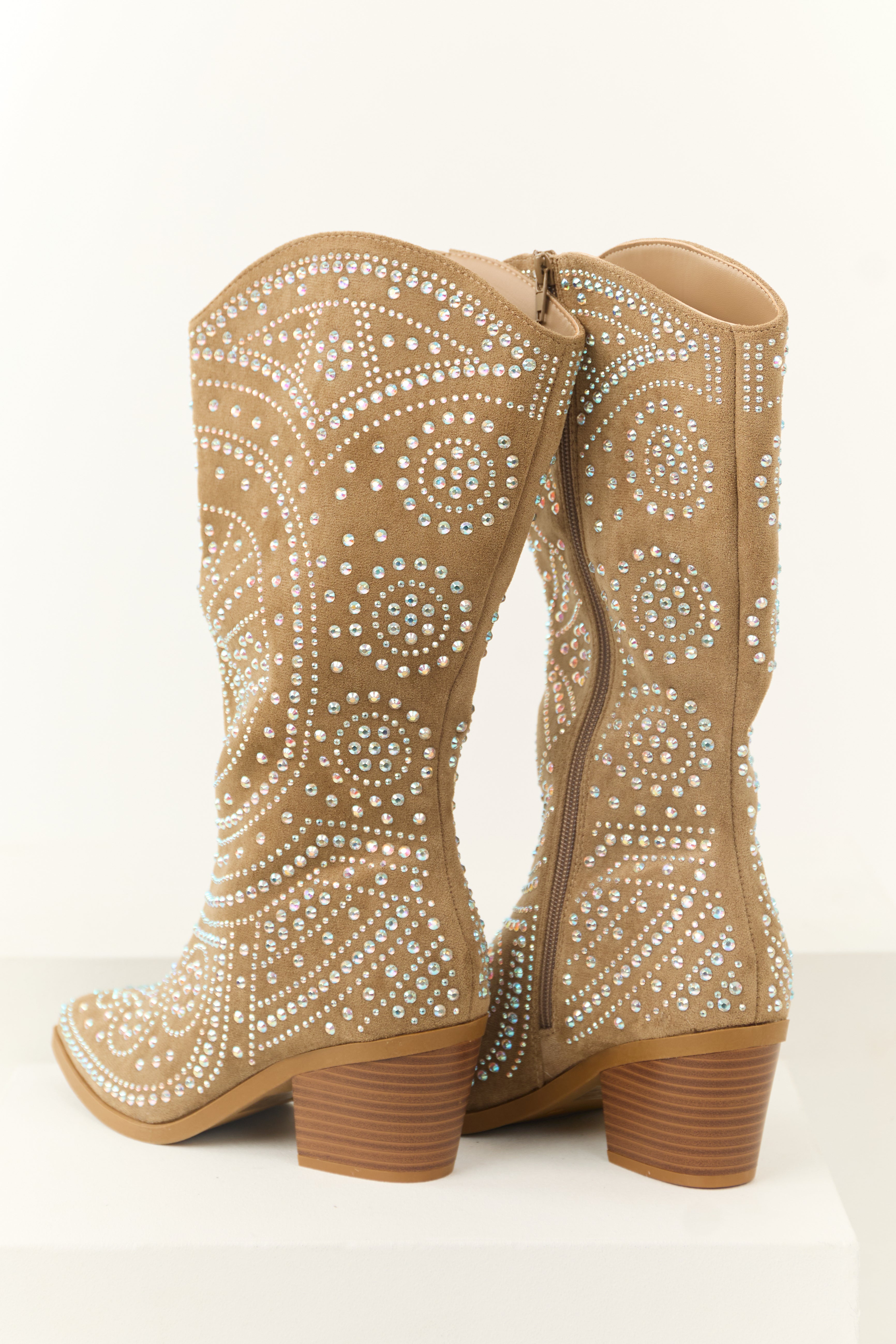 Latte Rhinestone Studded Western Boots-Newayad