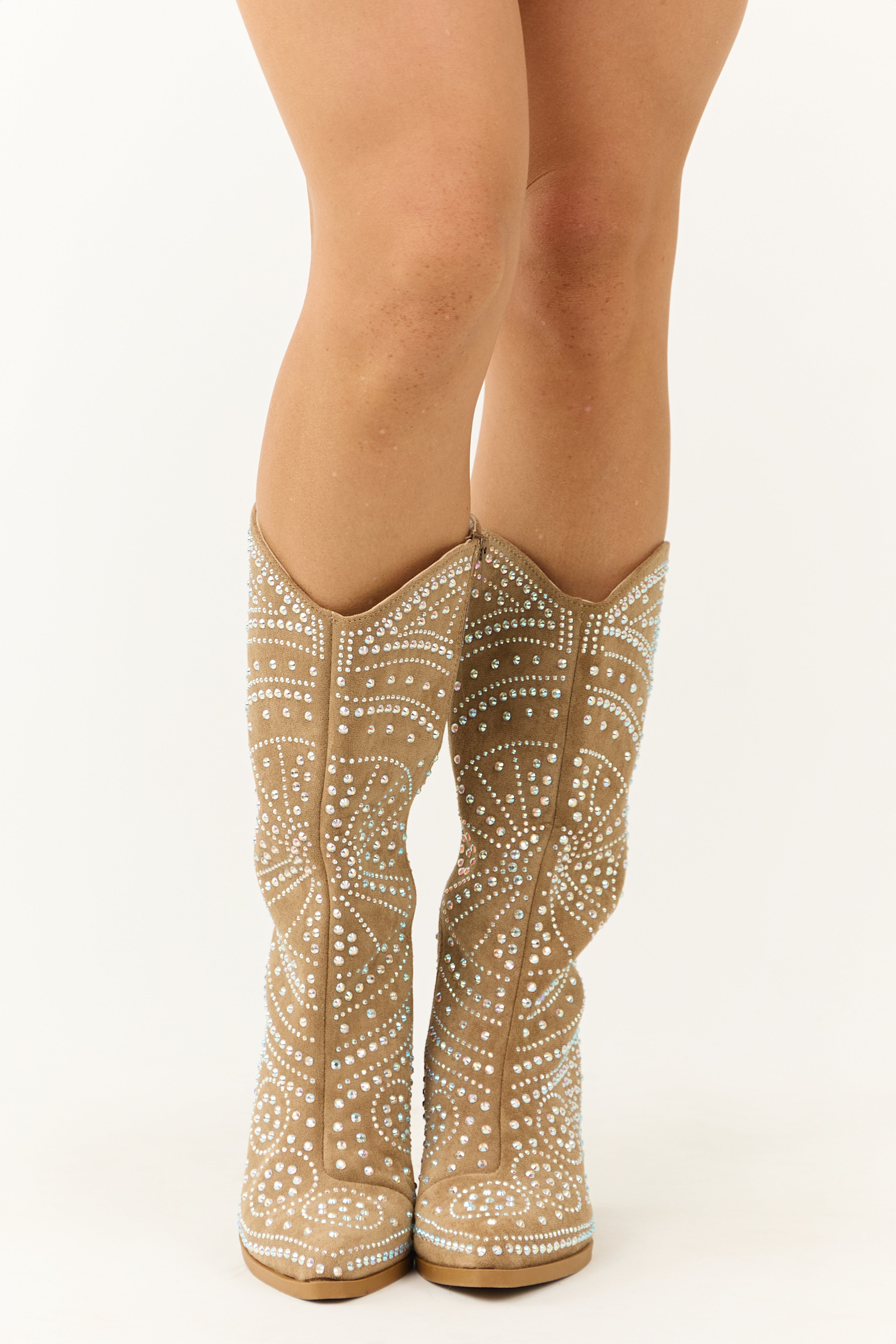 Latte Rhinestone Studded Western Boots-Newayad
