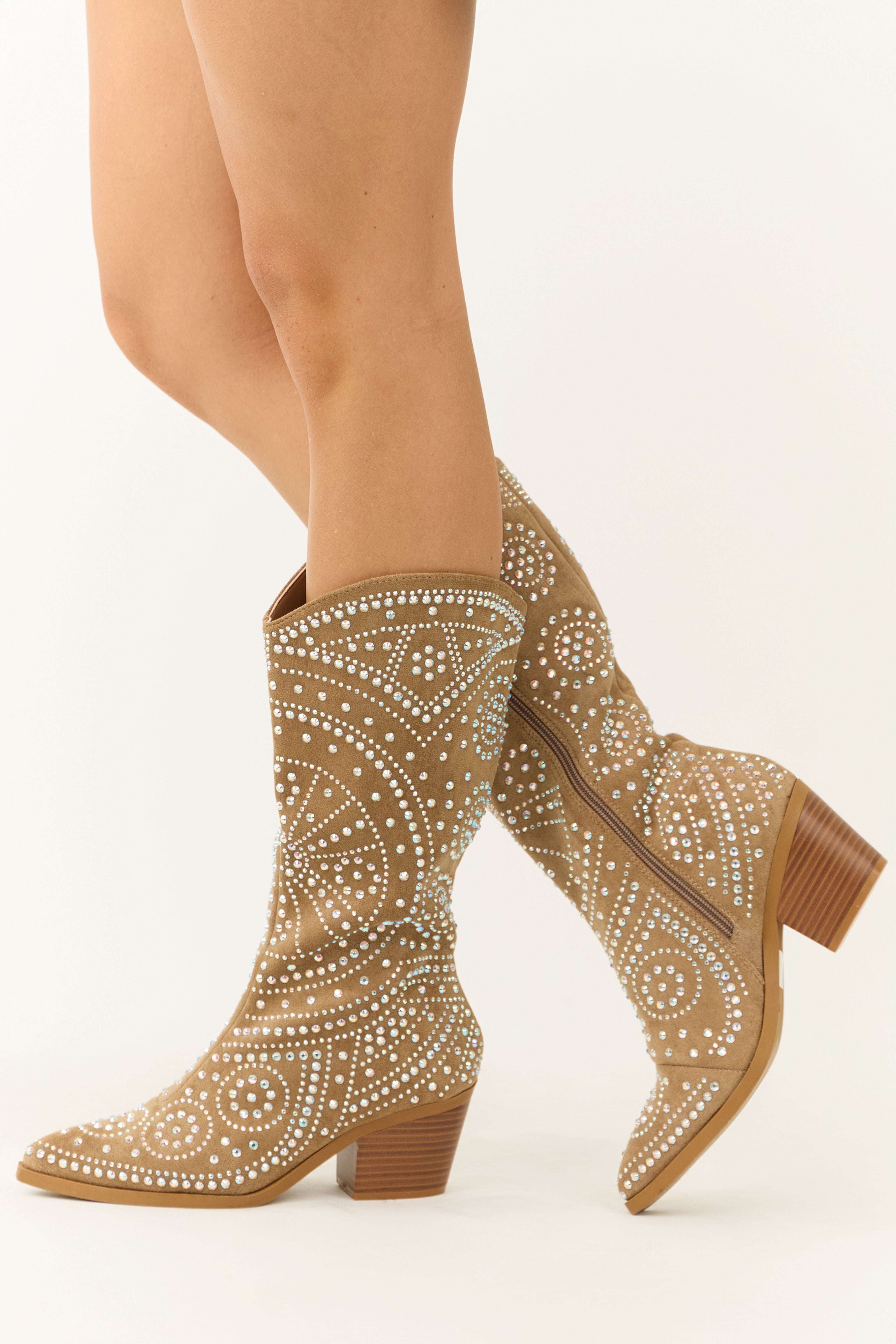 Latte Rhinestone Studded Western Boots-Newayad