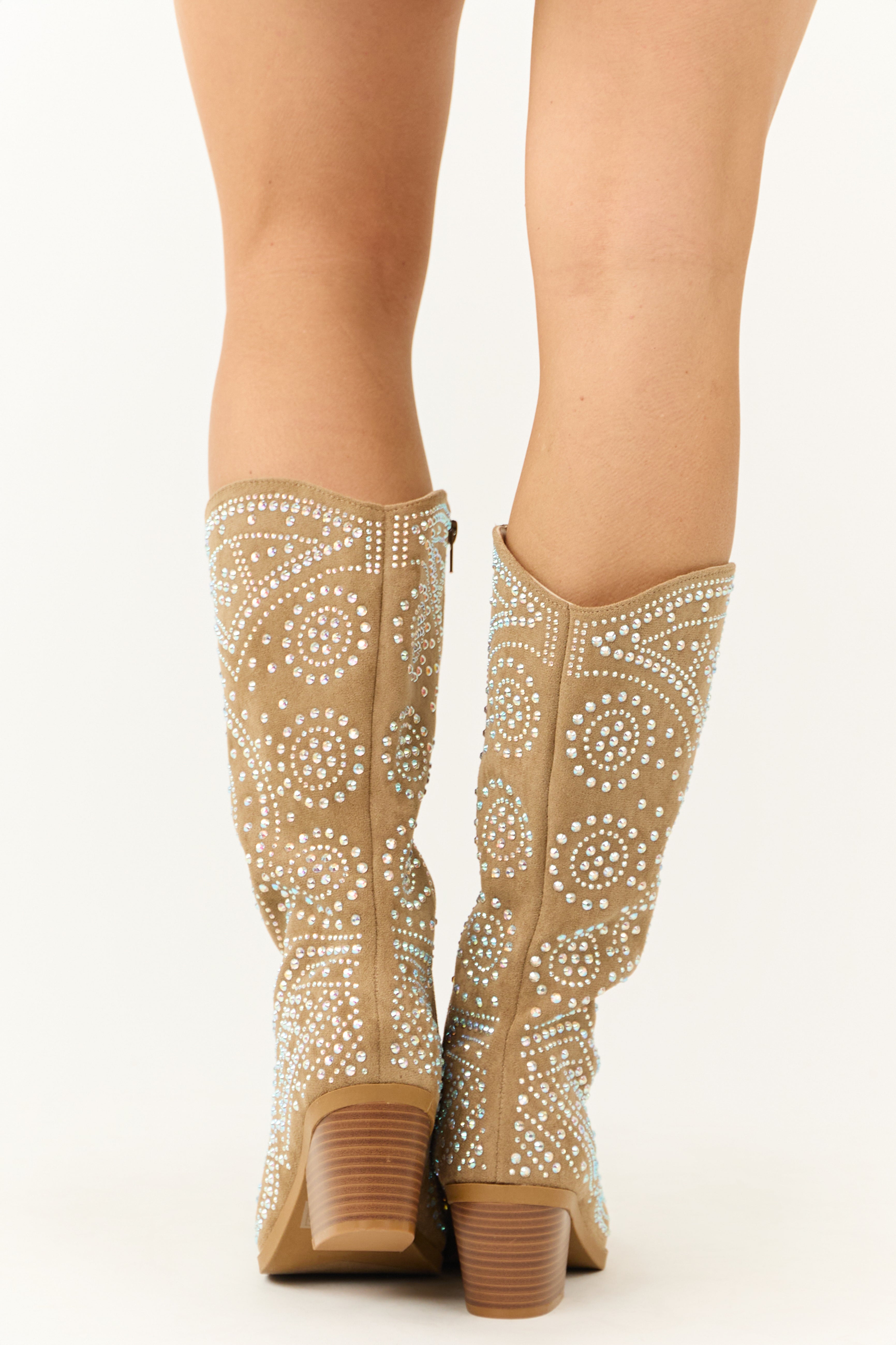 Latte Rhinestone Studded Western Boots-Newayad