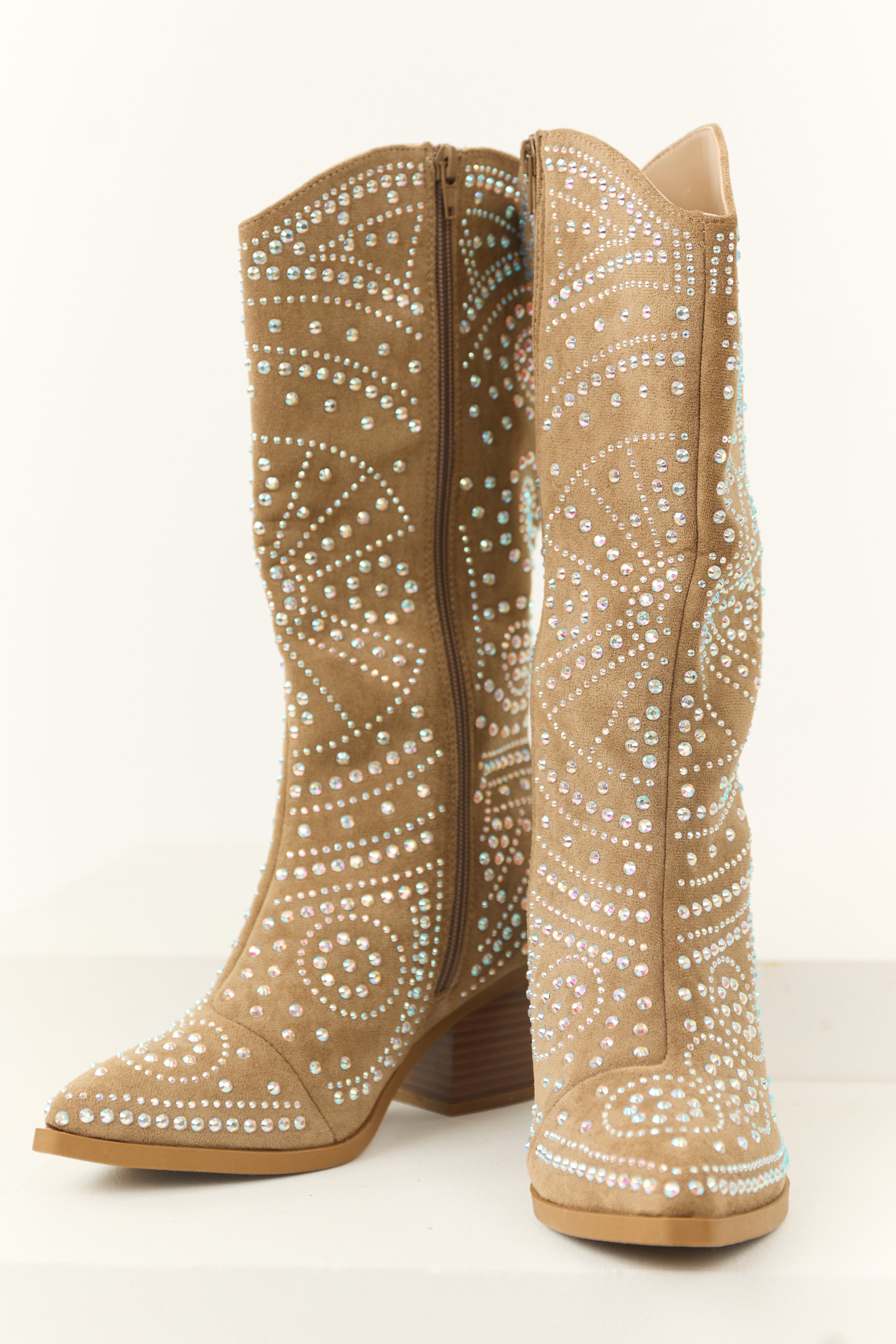 Latte Rhinestone Studded Western Boots-Newayad