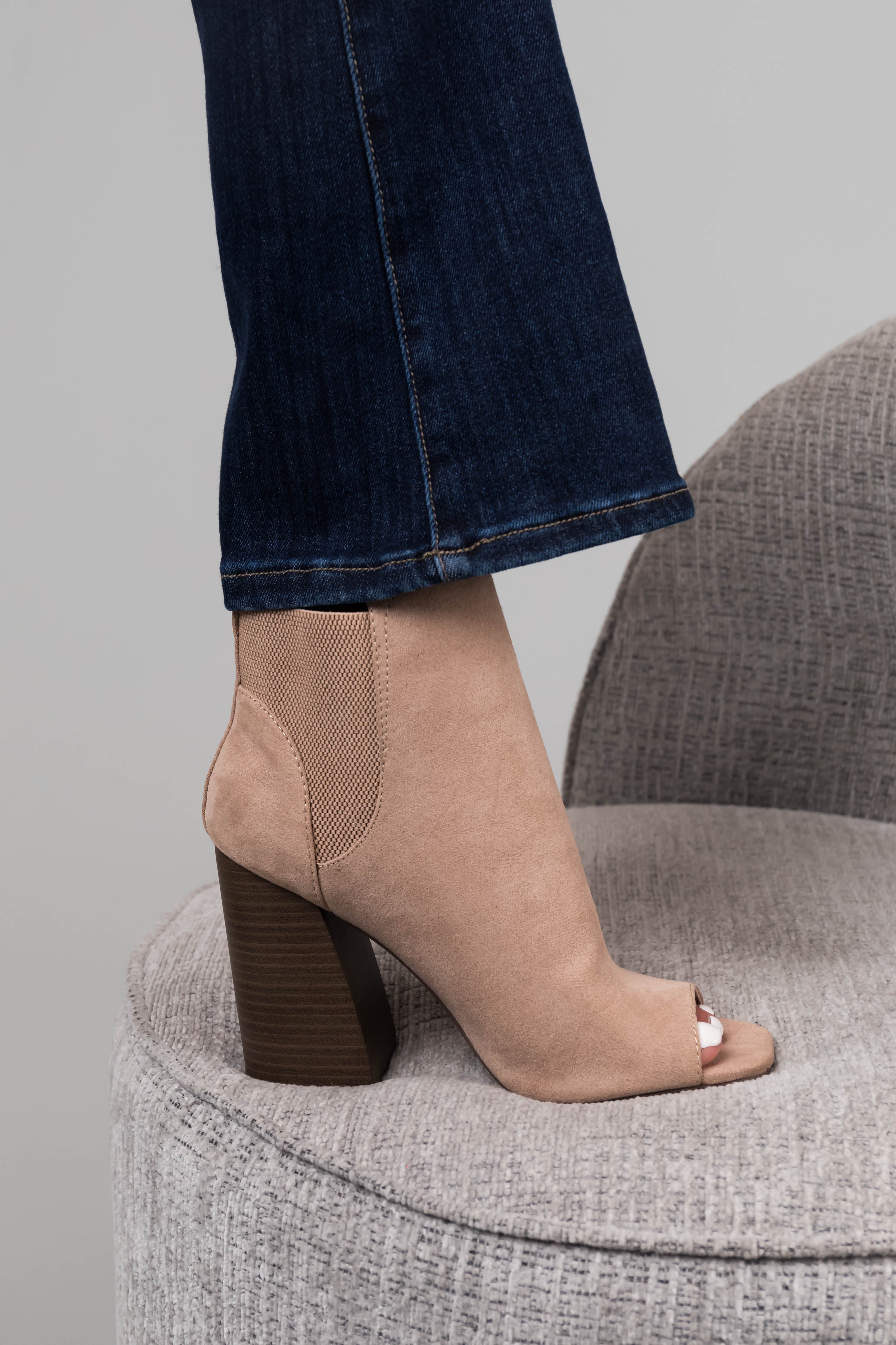 Latte Suede Peep Toe Chunky Heel Booties-Newayad