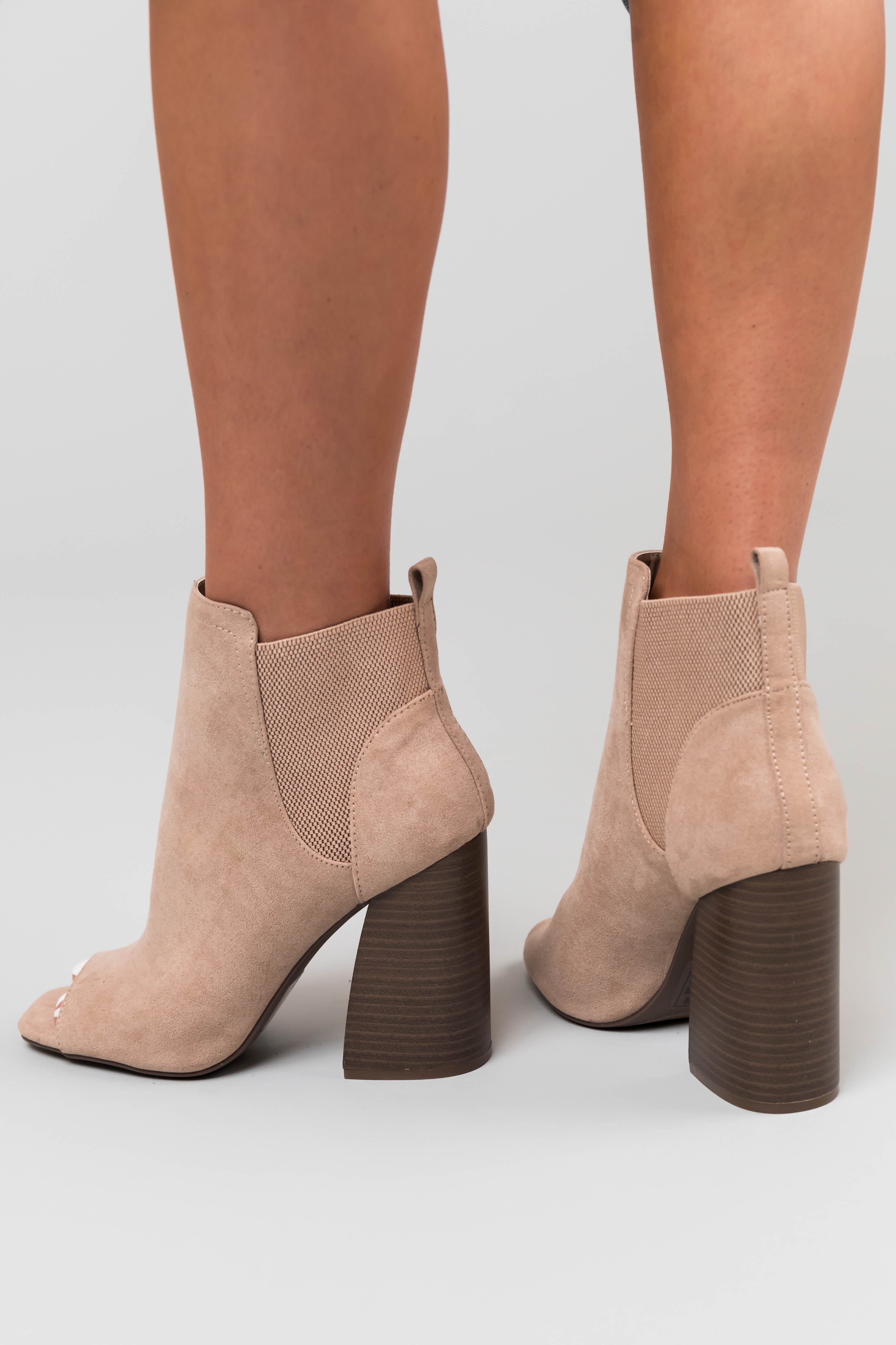 Latte Suede Peep Toe Chunky Heel Booties-Newayad