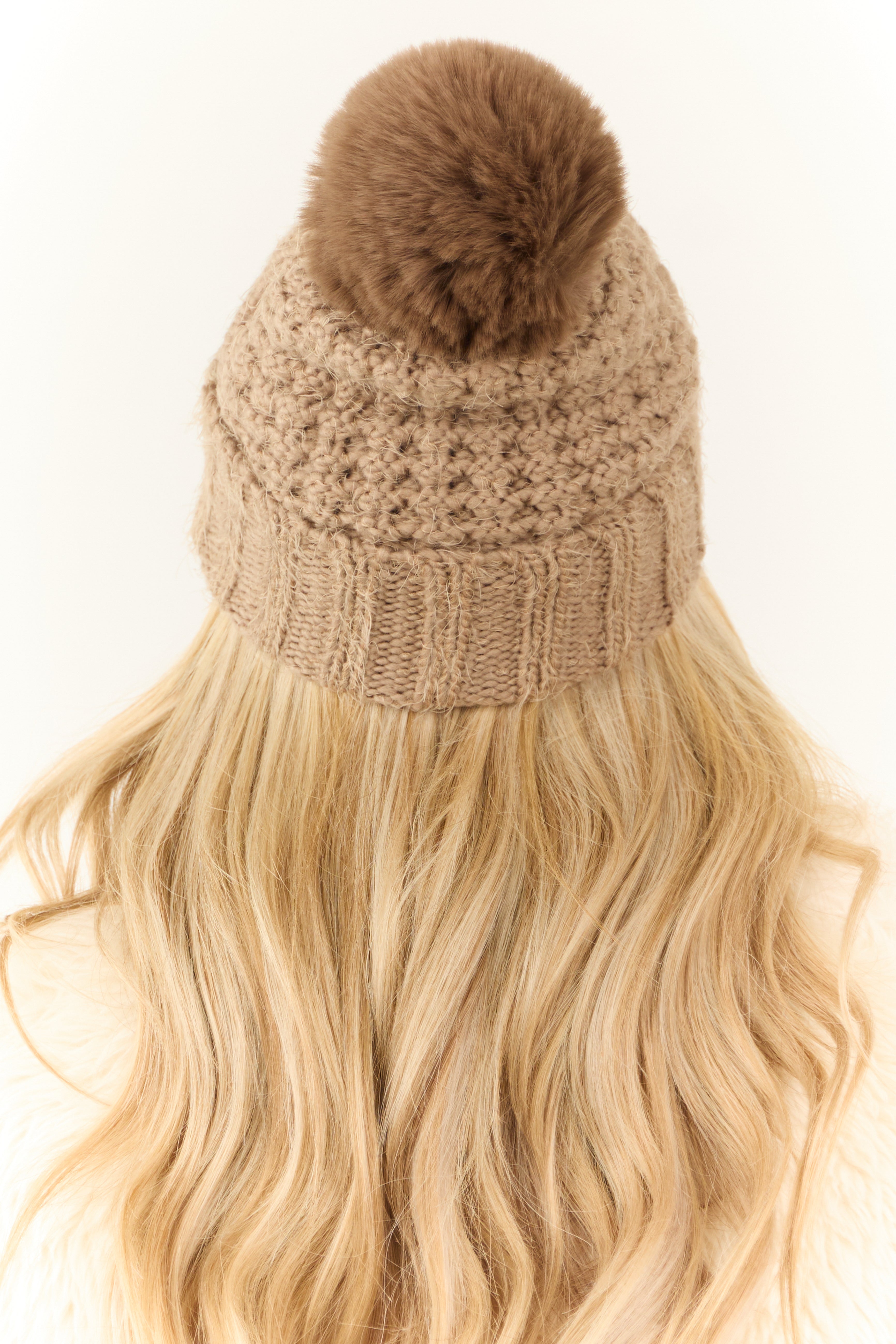 Latte Textured Knit Pom Pom Beanie-Newayad