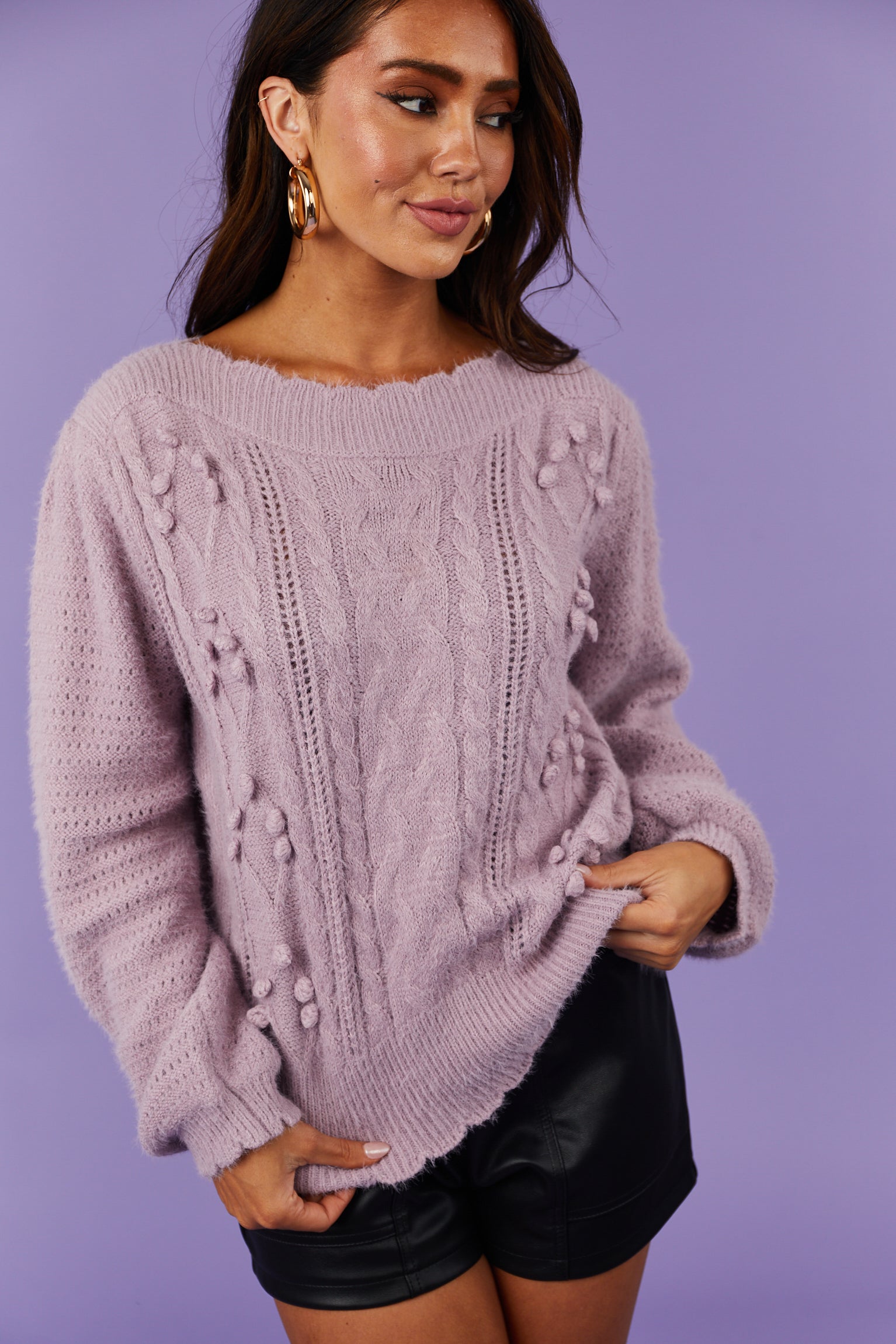 Lavender Long Sleeve Pom Pom Knit Sweater-Newayad