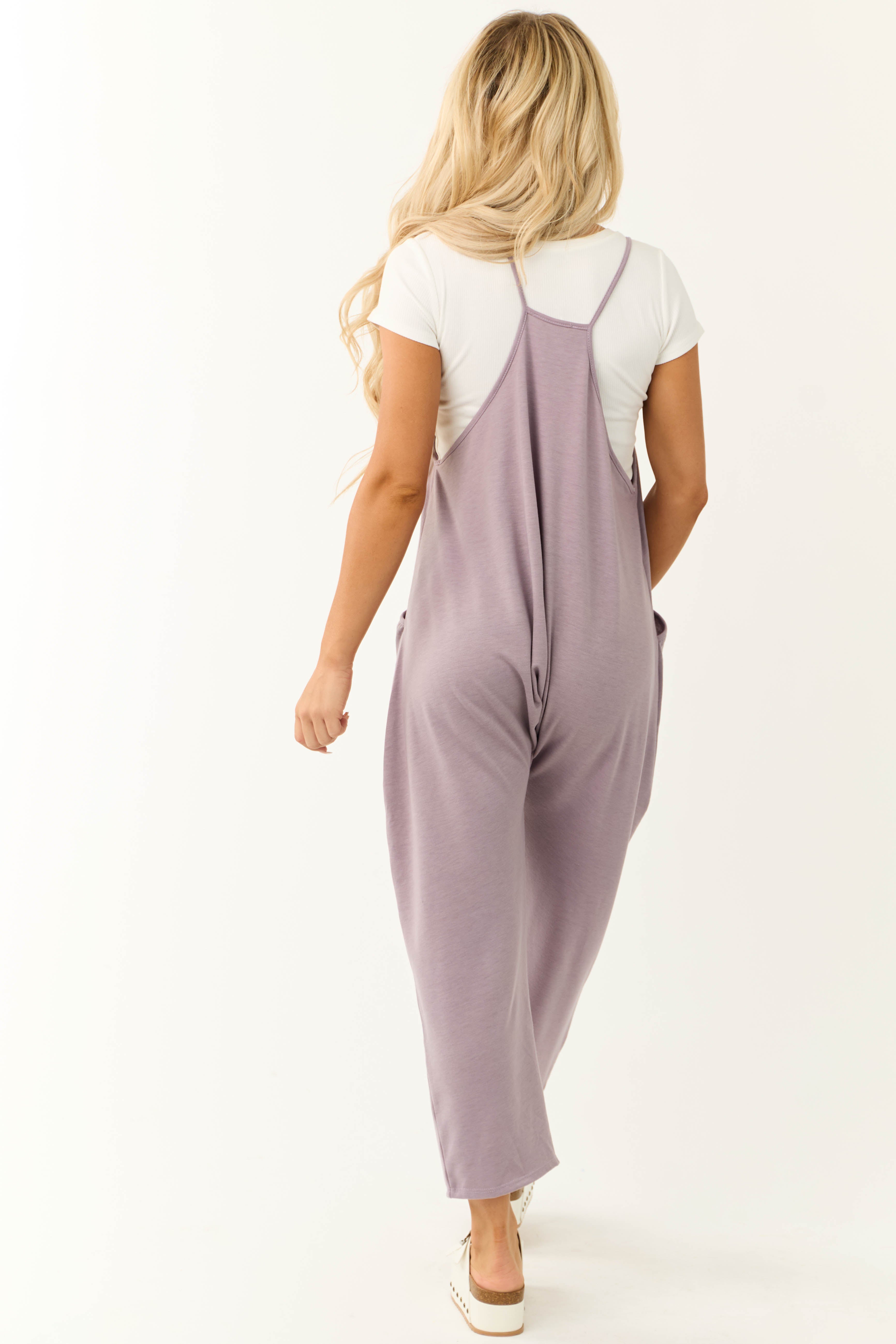 Lavender Sleeveless Front Pocket Loose Jumpsuit-Newayad