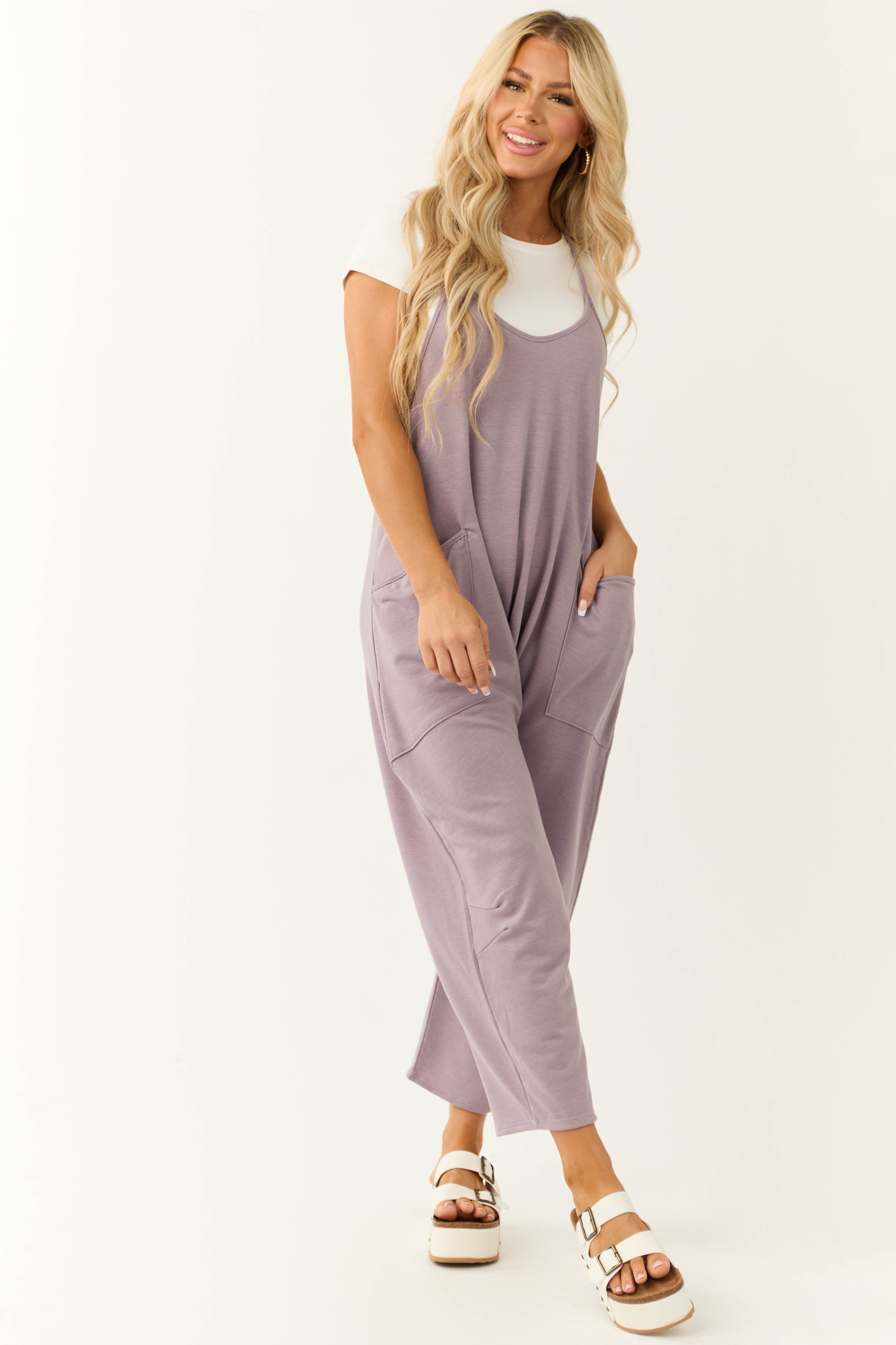 Lavender Sleeveless Front Pocket Loose Jumpsuit-Newayad
