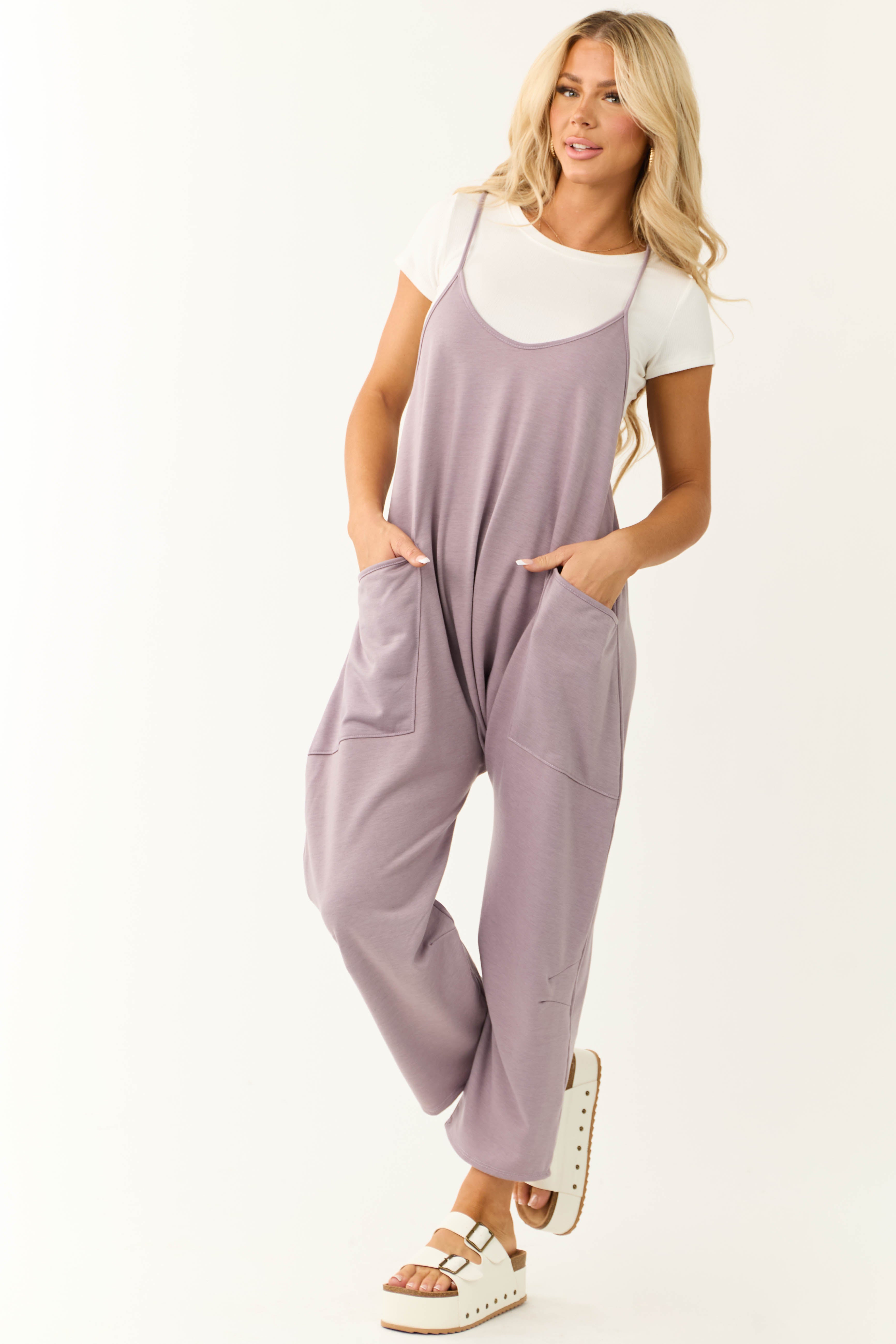 Lavender Sleeveless Front Pocket Loose Jumpsuit-Newayad