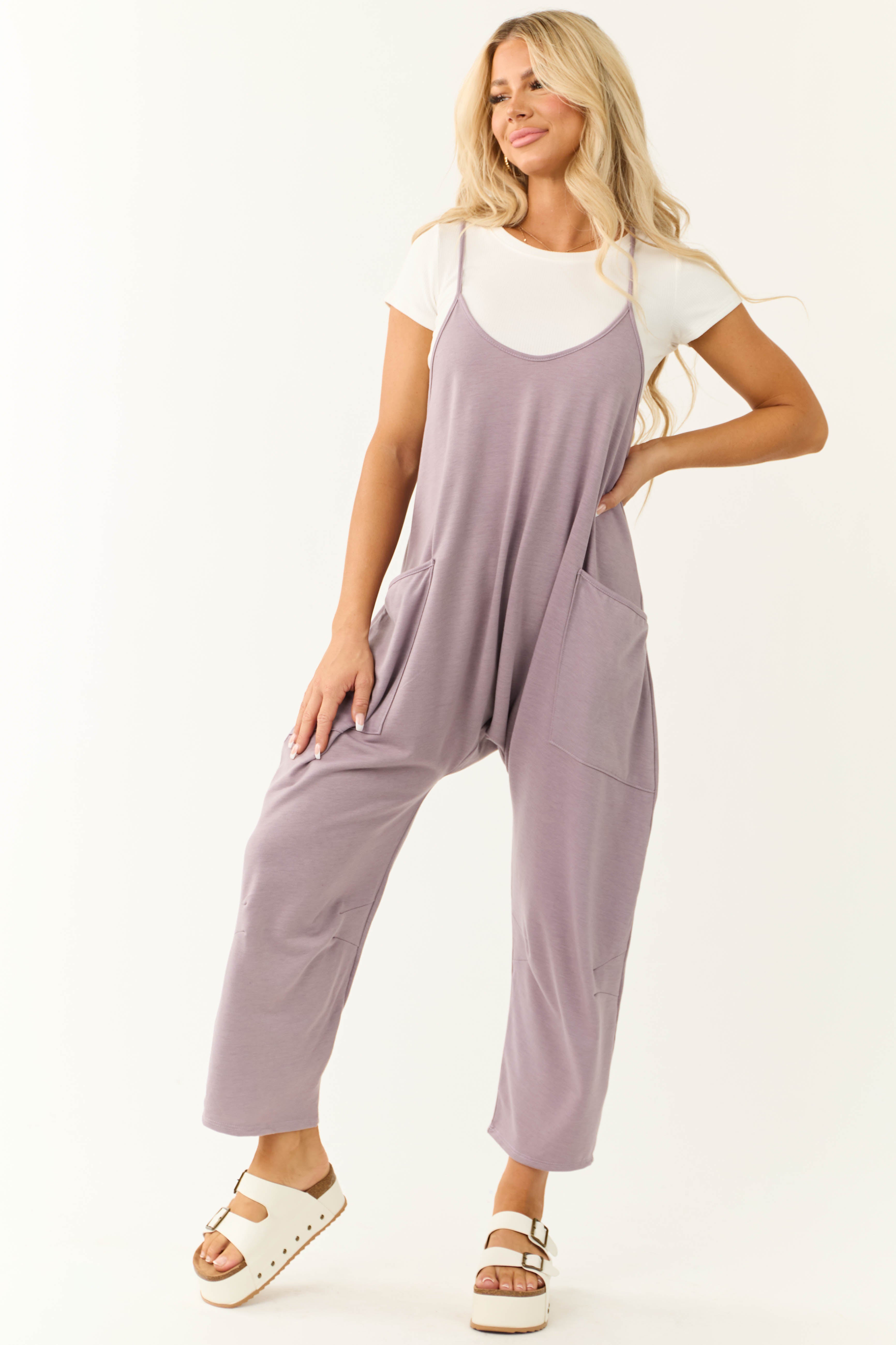 Lavender Sleeveless Front Pocket Loose Jumpsuit-Newayad