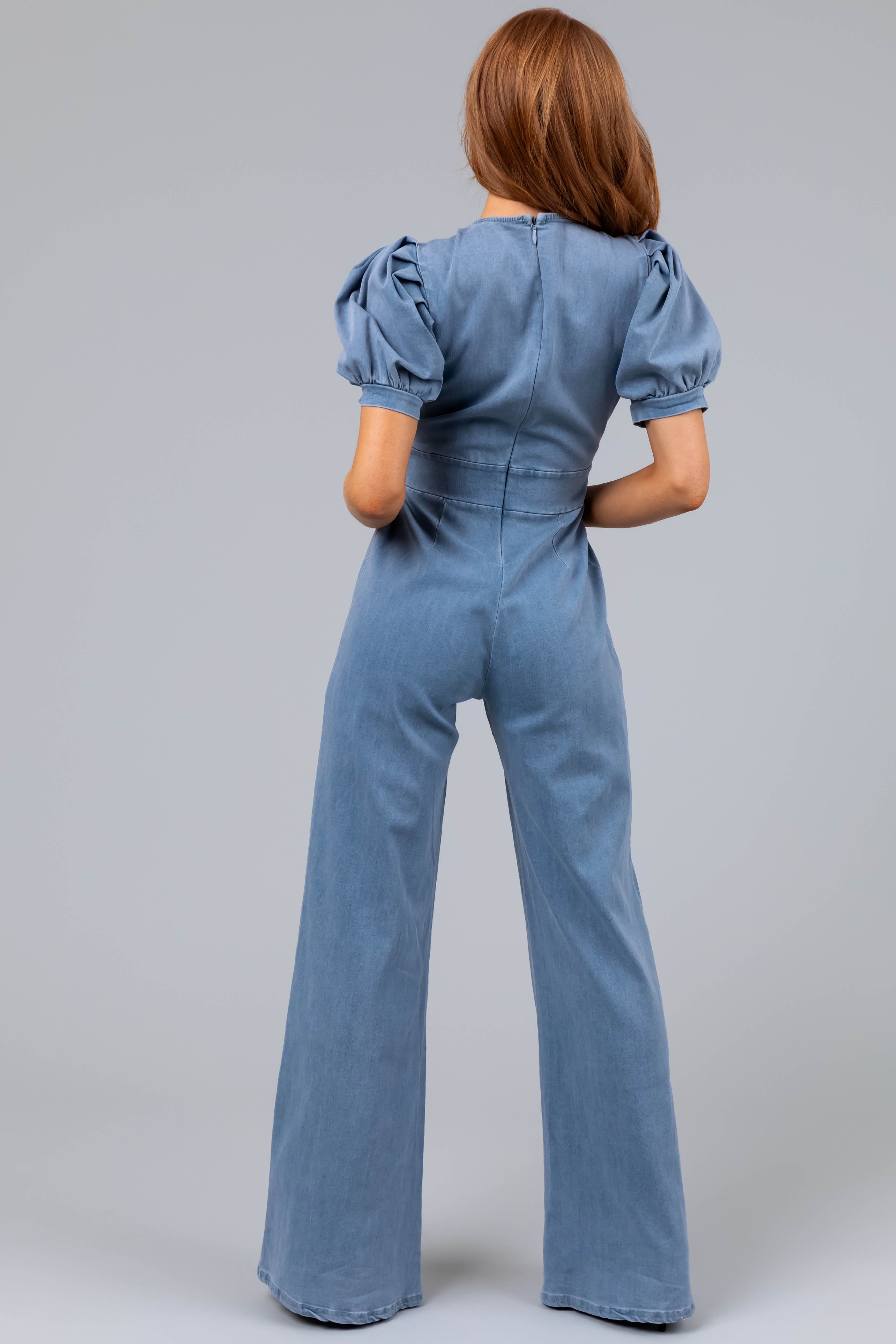 Light Denim Puff Sleeve Buckle Detail Jumpsuit-Newayad