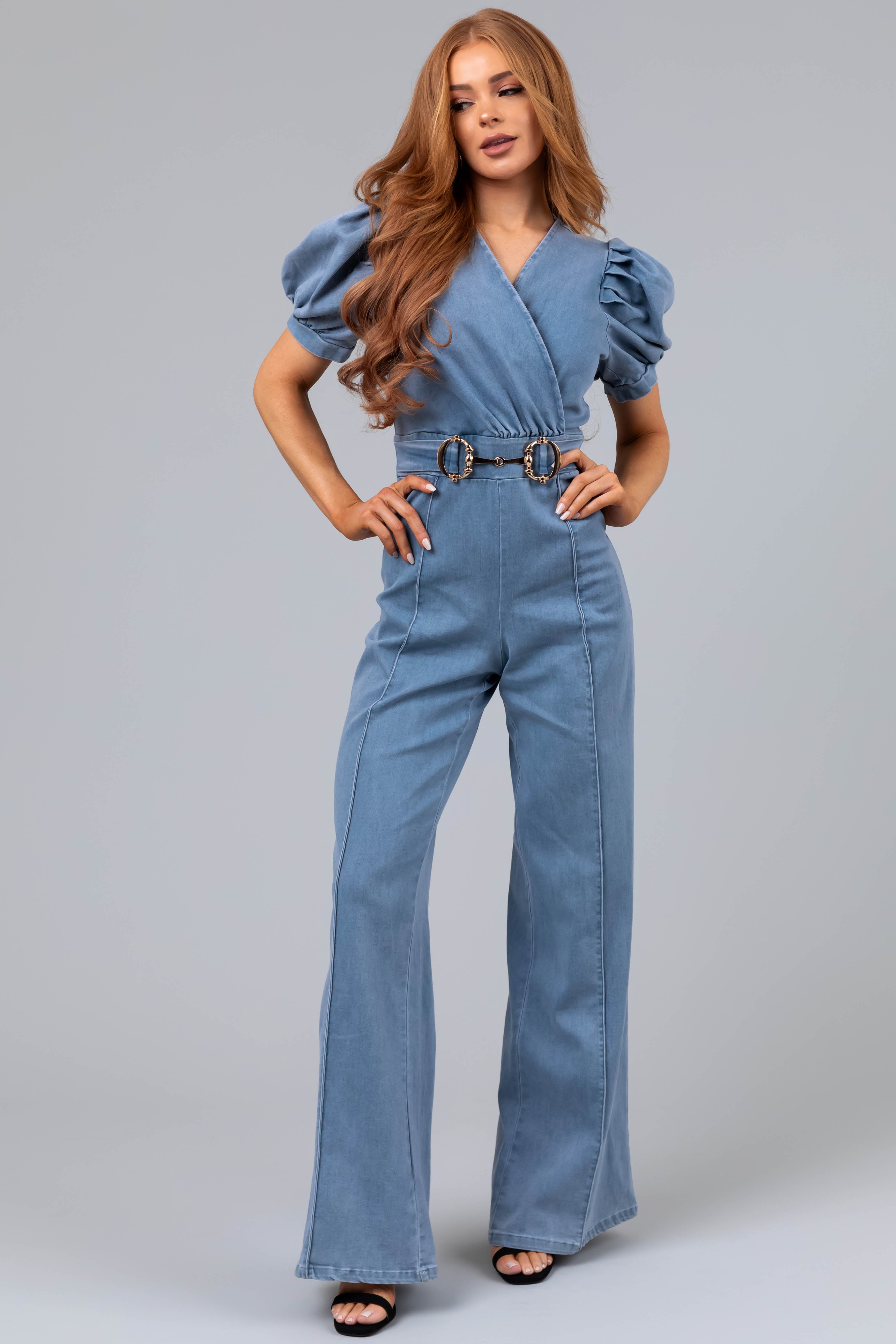 Light Denim Puff Sleeve Buckle Detail Jumpsuit-Newayad