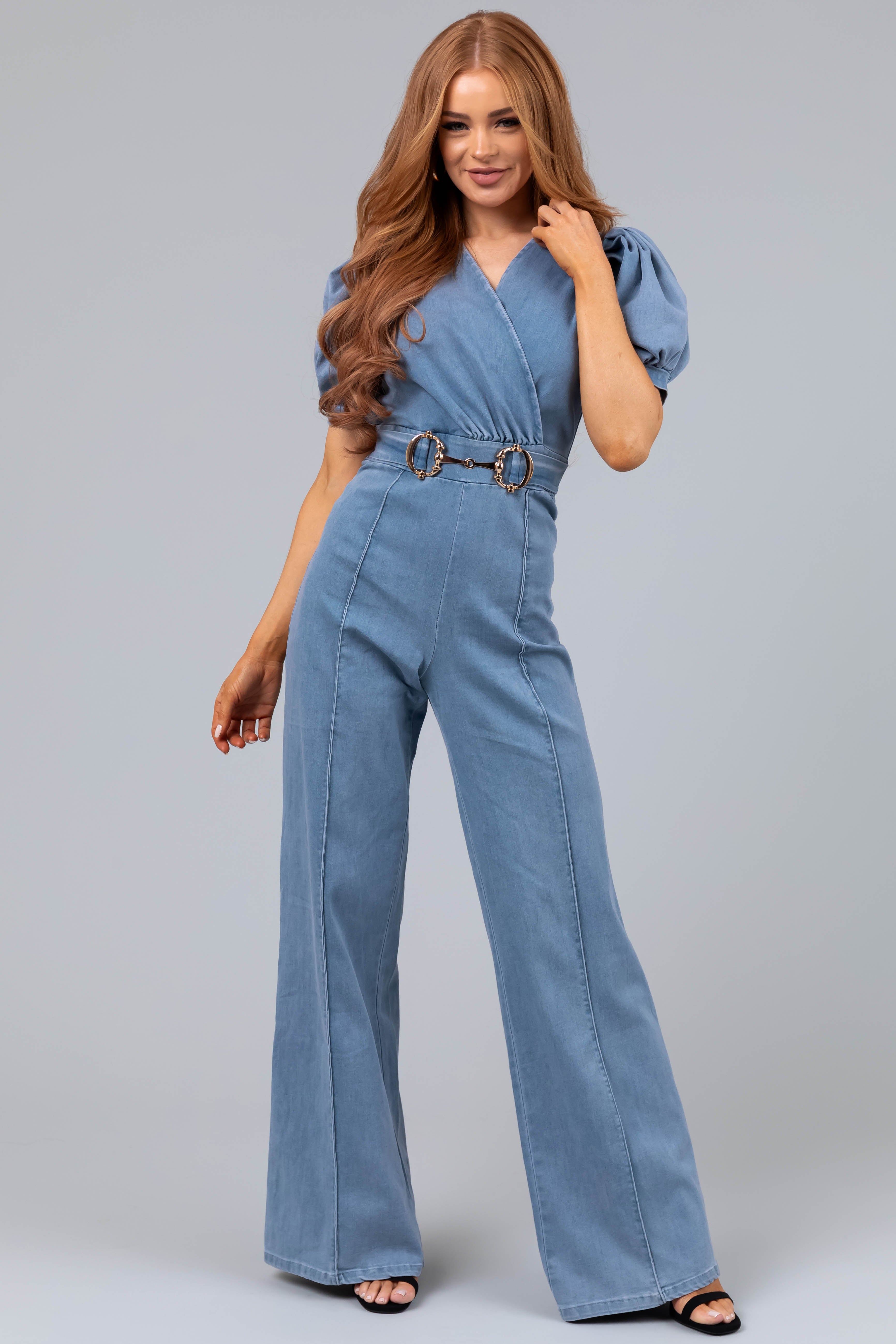 Light Denim Puff Sleeve Buckle Detail Jumpsuit-Newayad