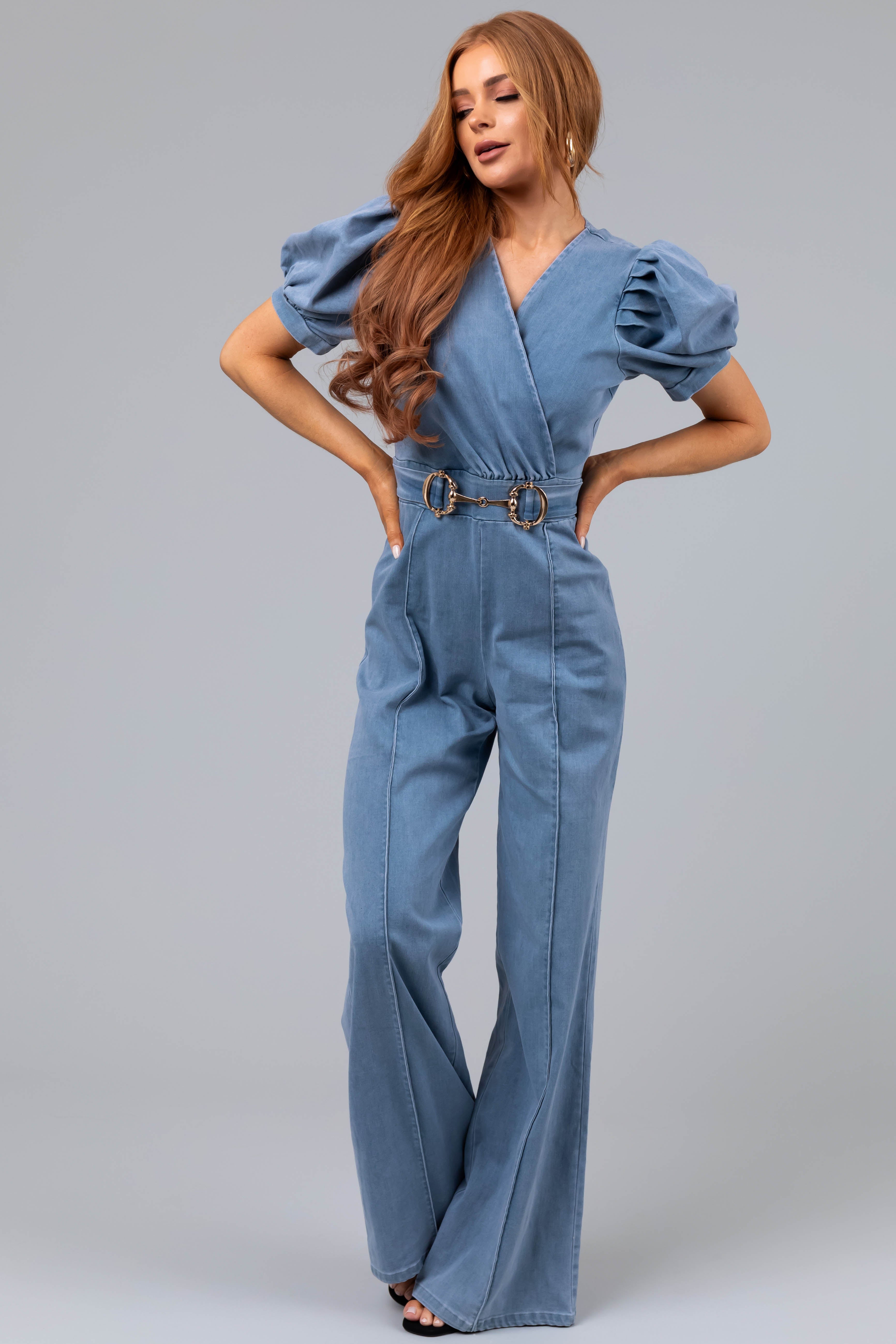 Light Denim Puff Sleeve Buckle Detail Jumpsuit-Newayad