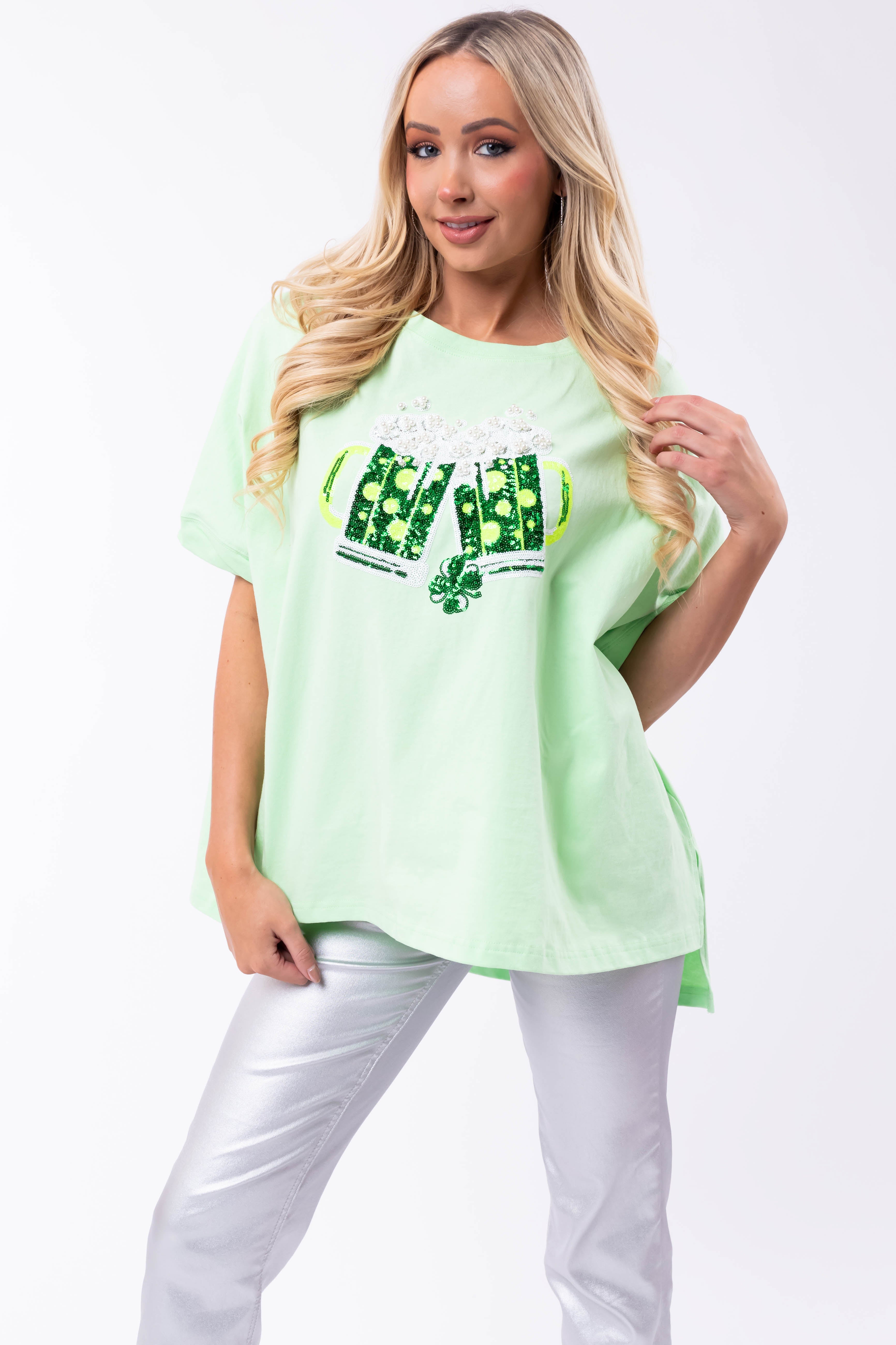 Light Kiwi Sequin St Patricks Day Graphic Top-Newayad