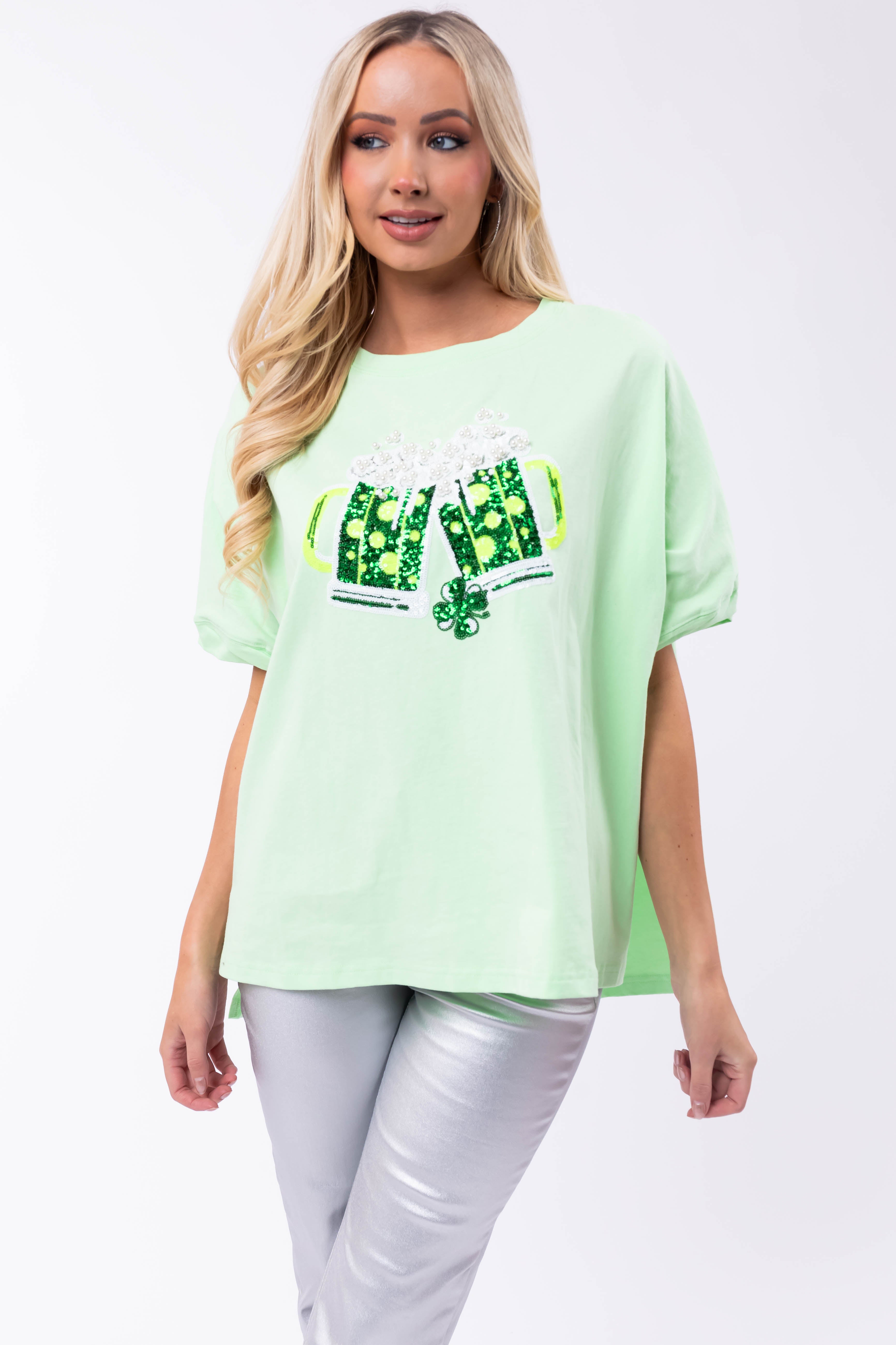 Light Kiwi Sequin St Patricks Day Graphic Top-Newayad