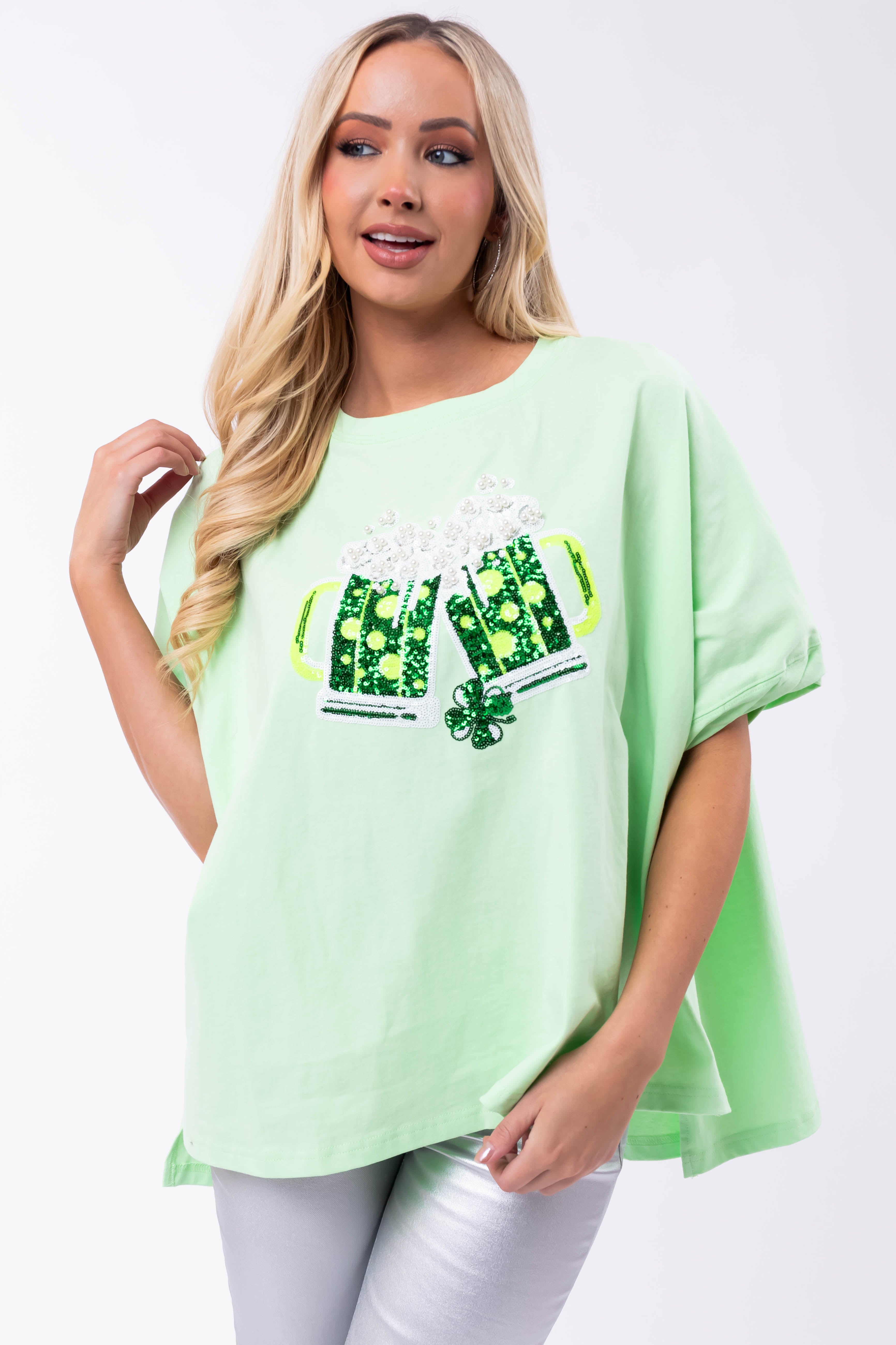 Light Kiwi Sequin St Patricks Day Graphic Top-Newayad